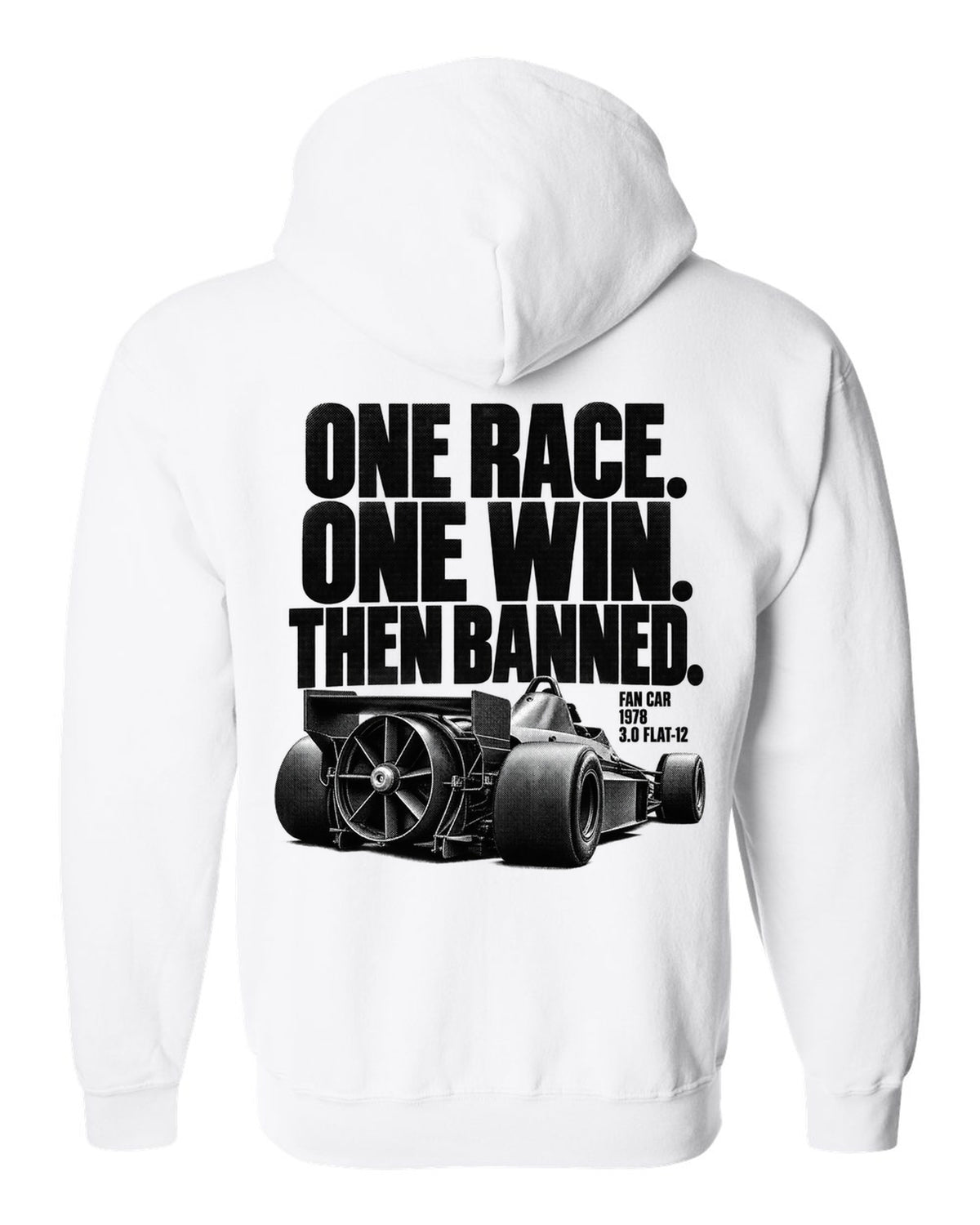 Brabham BT46B fan car halftone print with one race one win text white zip hoodie back view with the design