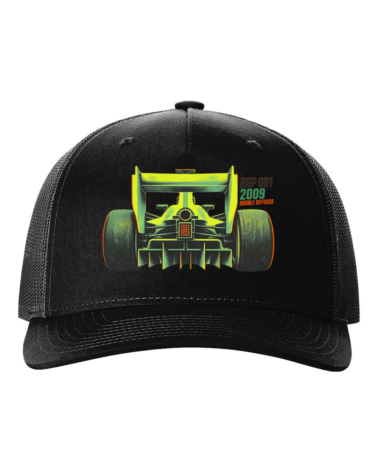 Risograph style Brawn BGP 001 Formula 1 car with double diffuser lettering black hat front view with the design
