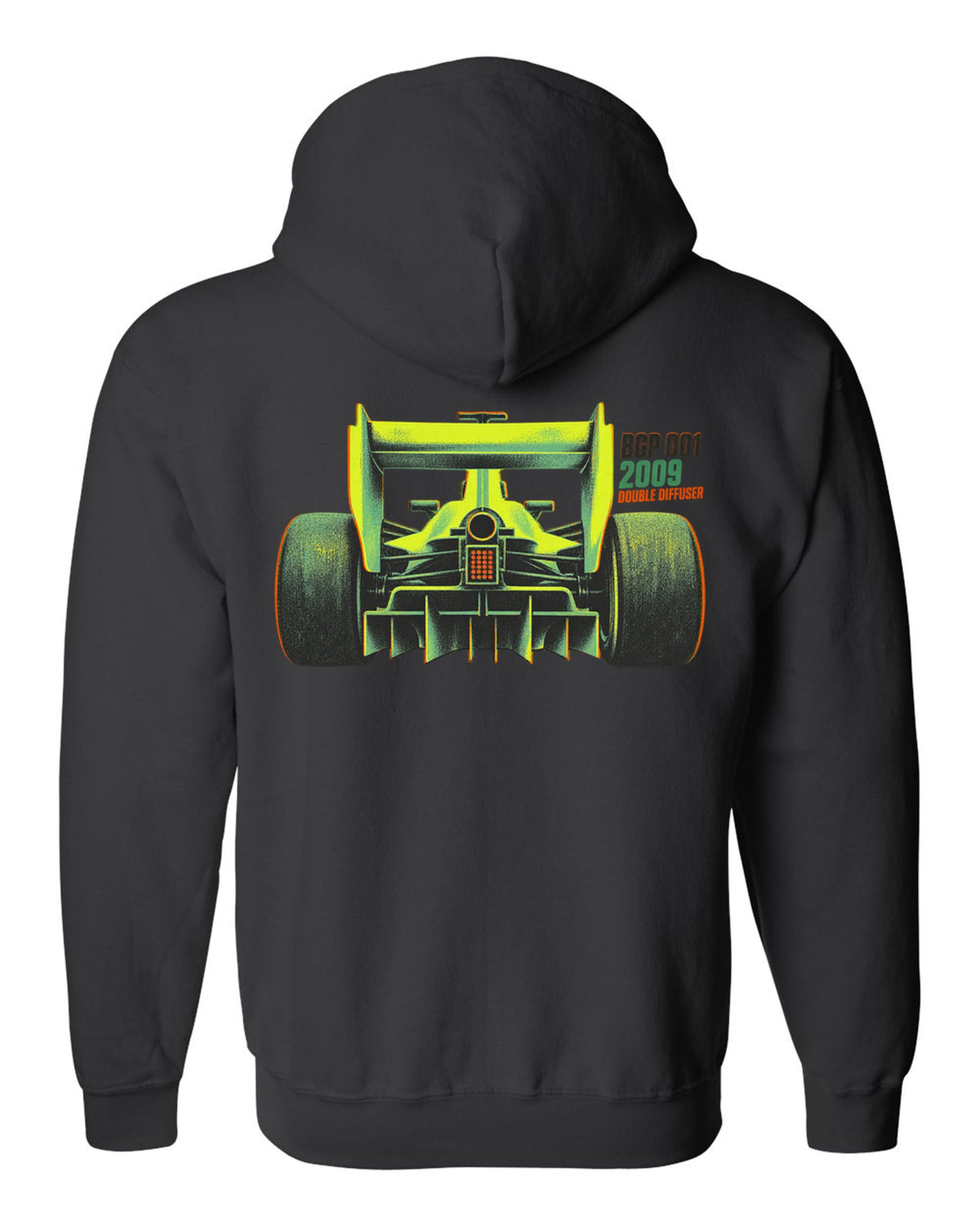 Risograph style Brawn BGP 001 Formula 1 car with double diffuser lettering black zip hoodie back view with the design