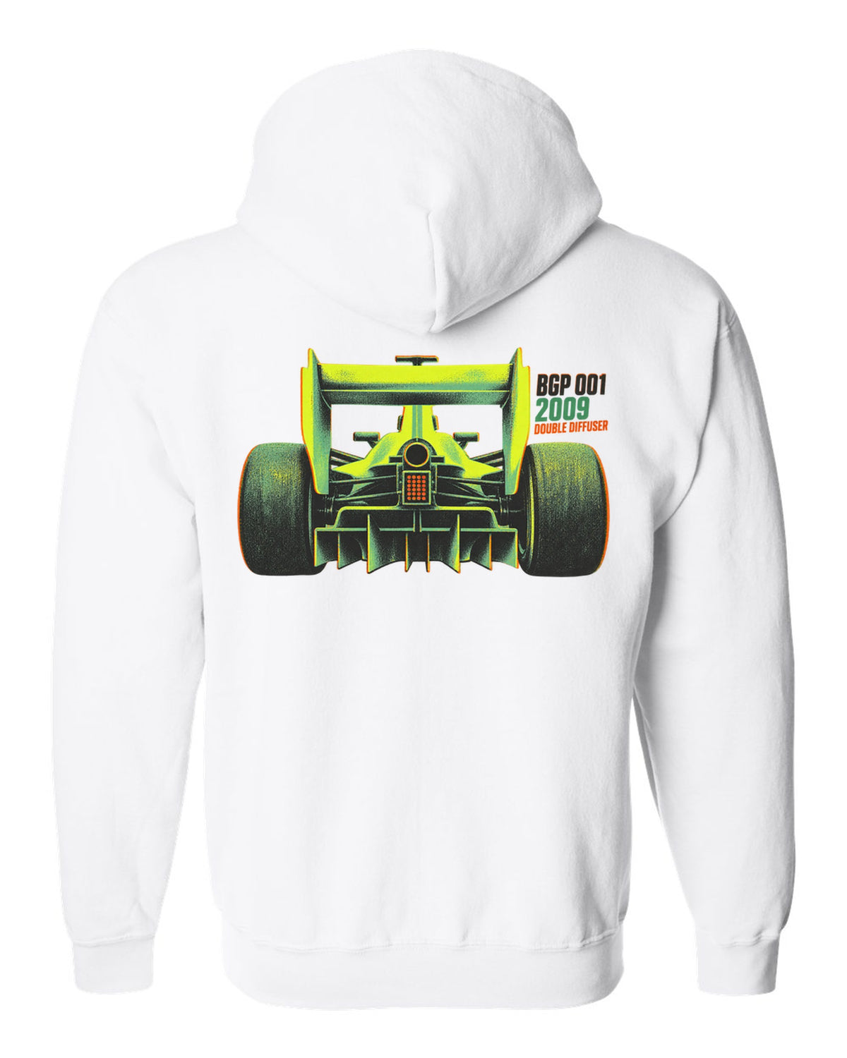 Risograph style Brawn BGP 001 Formula 1 car with double diffuser lettering white zip hoodie back view with the design