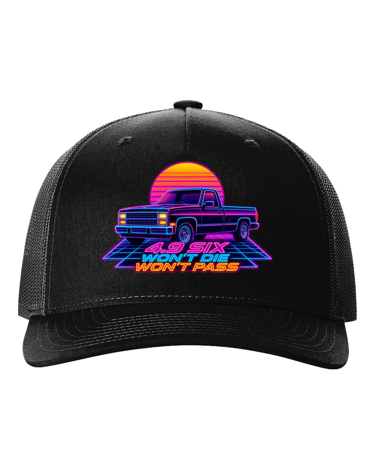 Synthwave neon art of a 1987-91 Ford F-150 Brick-Nose in drive-in rain with 4.9 SIX lettering black hat front view with the design