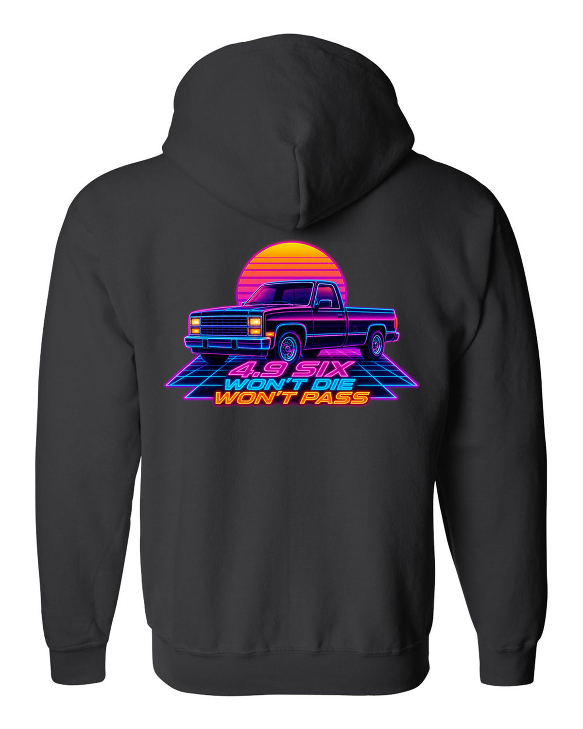 Synthwave neon art of a 1987-91 Ford F-150 Brick-Nose in drive-in rain with 4.9 SIX lettering black zip hoodie back view with the design