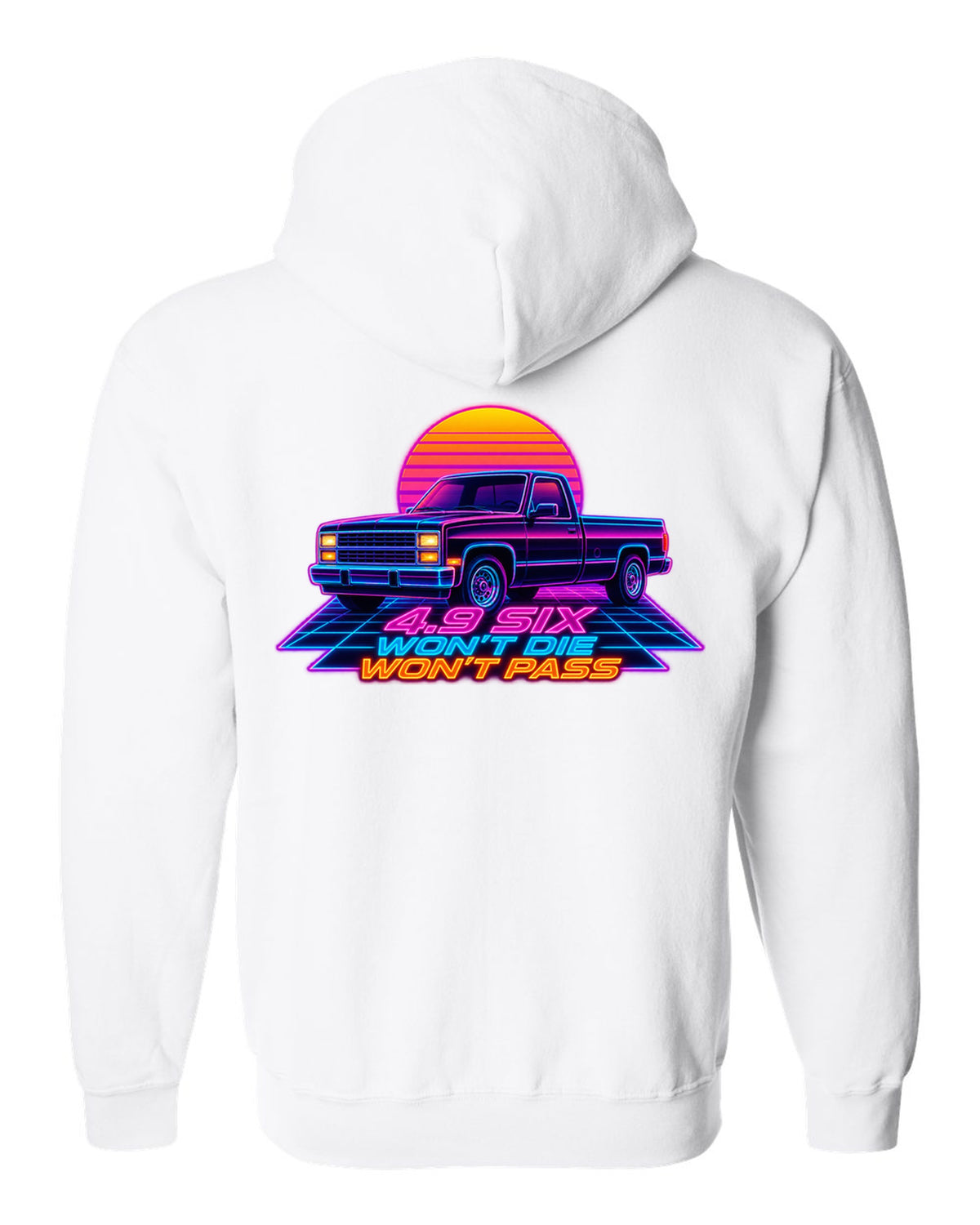 Synthwave neon art of a 1987-91 Ford F-150 Brick-Nose in drive-in rain with 4.9 SIX lettering white zip hoodie back view with the design
