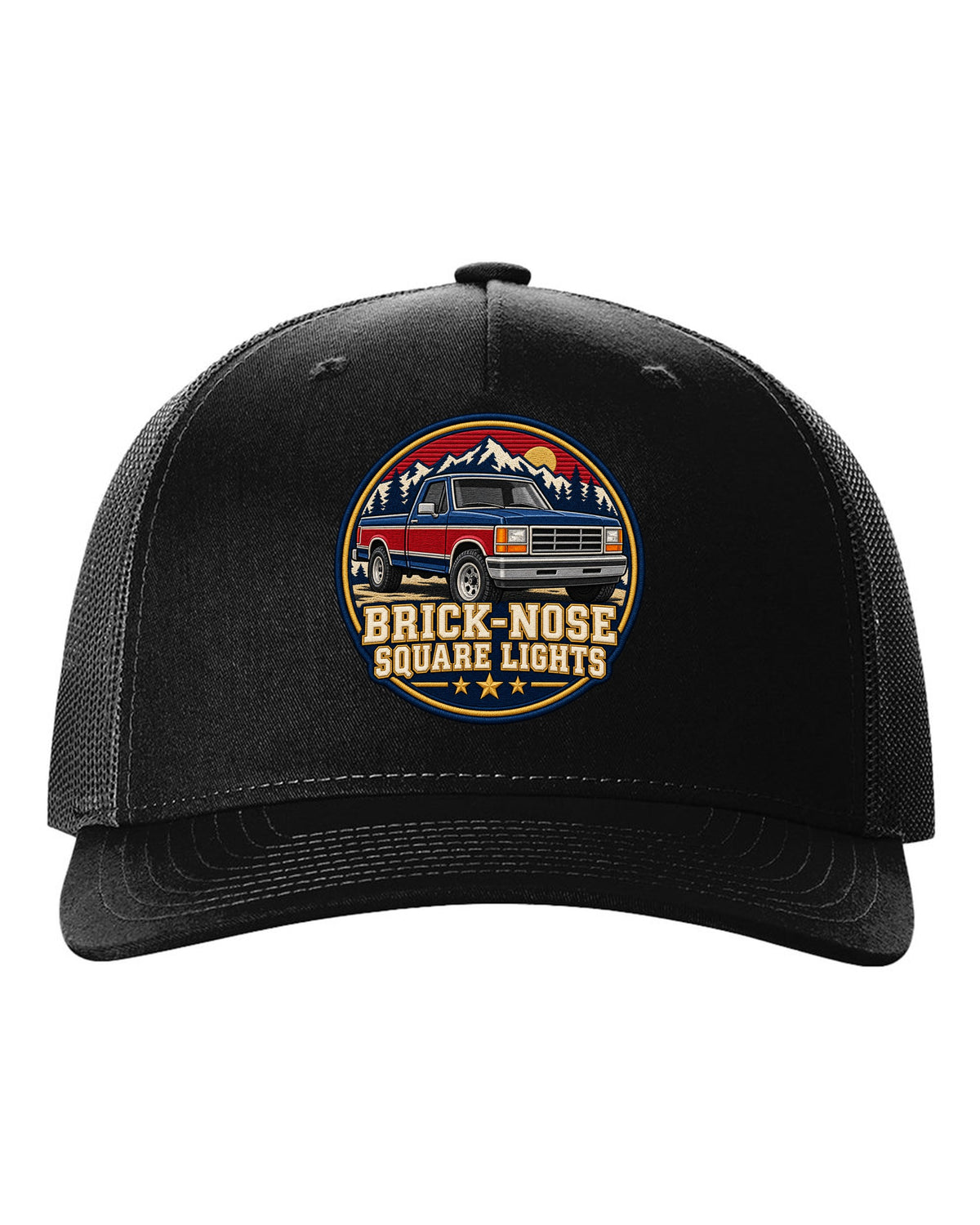 Shield crest print for a 1987-91 Ford F-150 Brick-Nose with square lights text black hat front view with the design