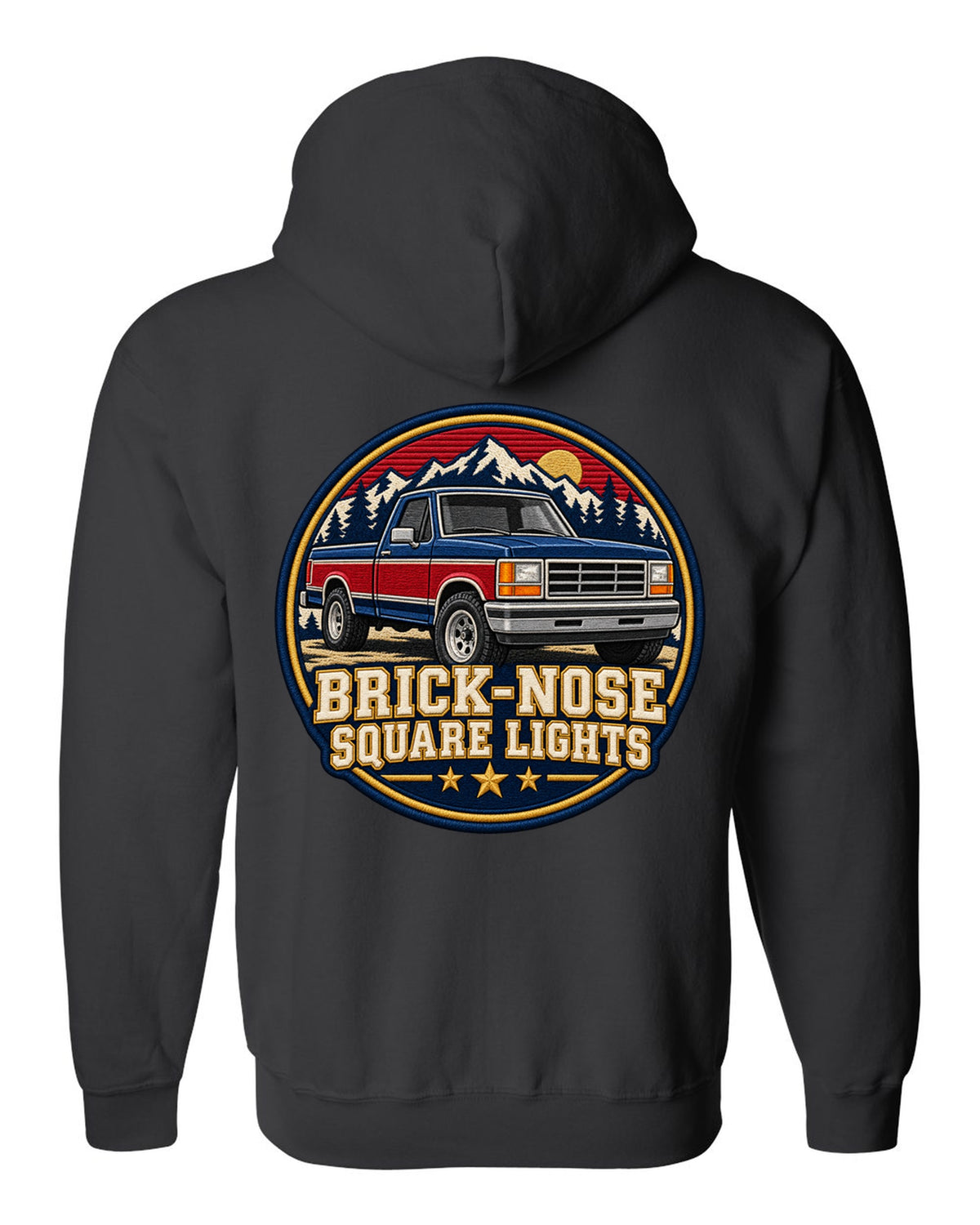 Shield crest print for a 1987-91 Ford F-150 Brick-Nose with square lights text black zip hoodie back view with the design