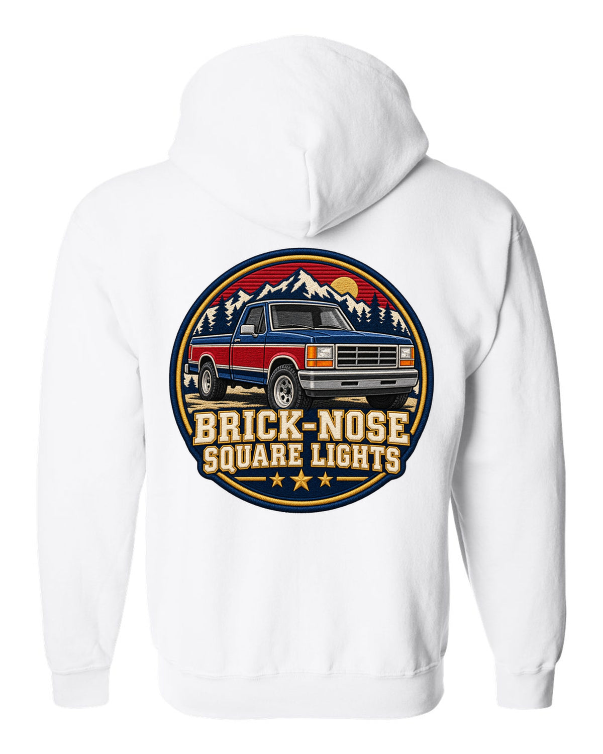 Shield crest print for a 1987-91 Ford F-150 Brick-Nose with square lights text white zip hoodie back view with the design