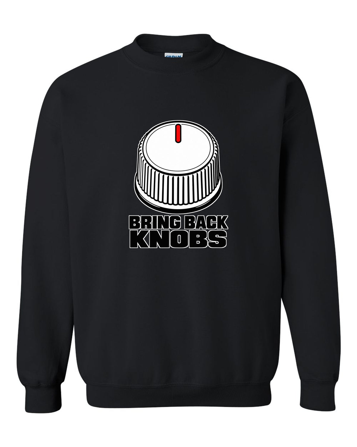 Ribbed volume knob with a single notch pointer black crewneck front view with the design