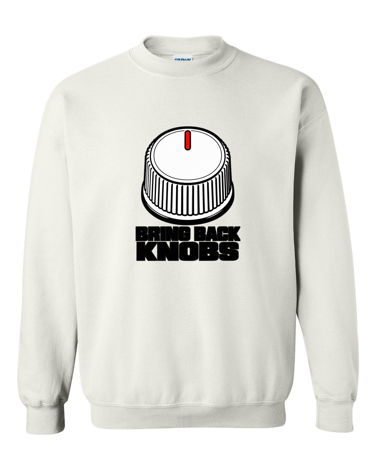 Ribbed volume knob with a single notch pointer white crewneck front view with the design