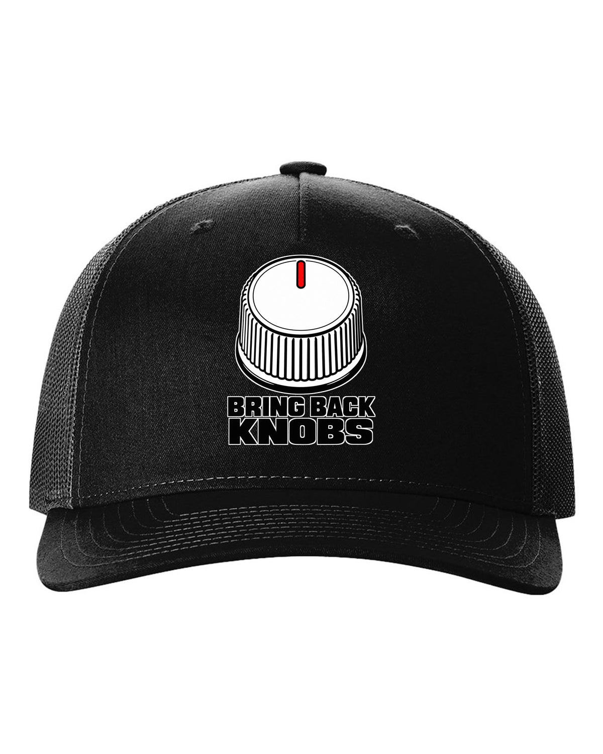 Ribbed volume knob with a single notch pointer black hat front view with the design