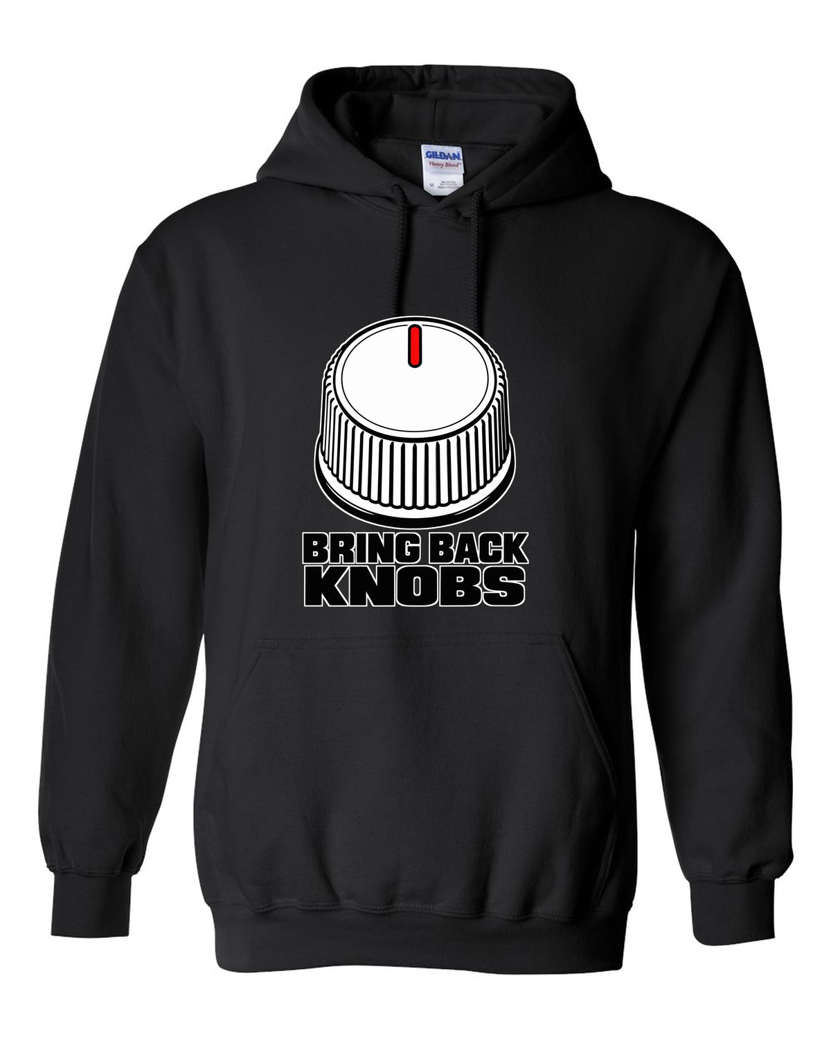 Ribbed volume knob with a single notch pointer black pull over hoodie front view with the design
