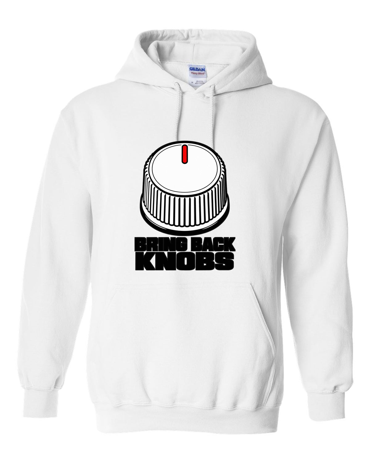 Ribbed volume knob with a single notch pointer white pull over hoodie front view with the design