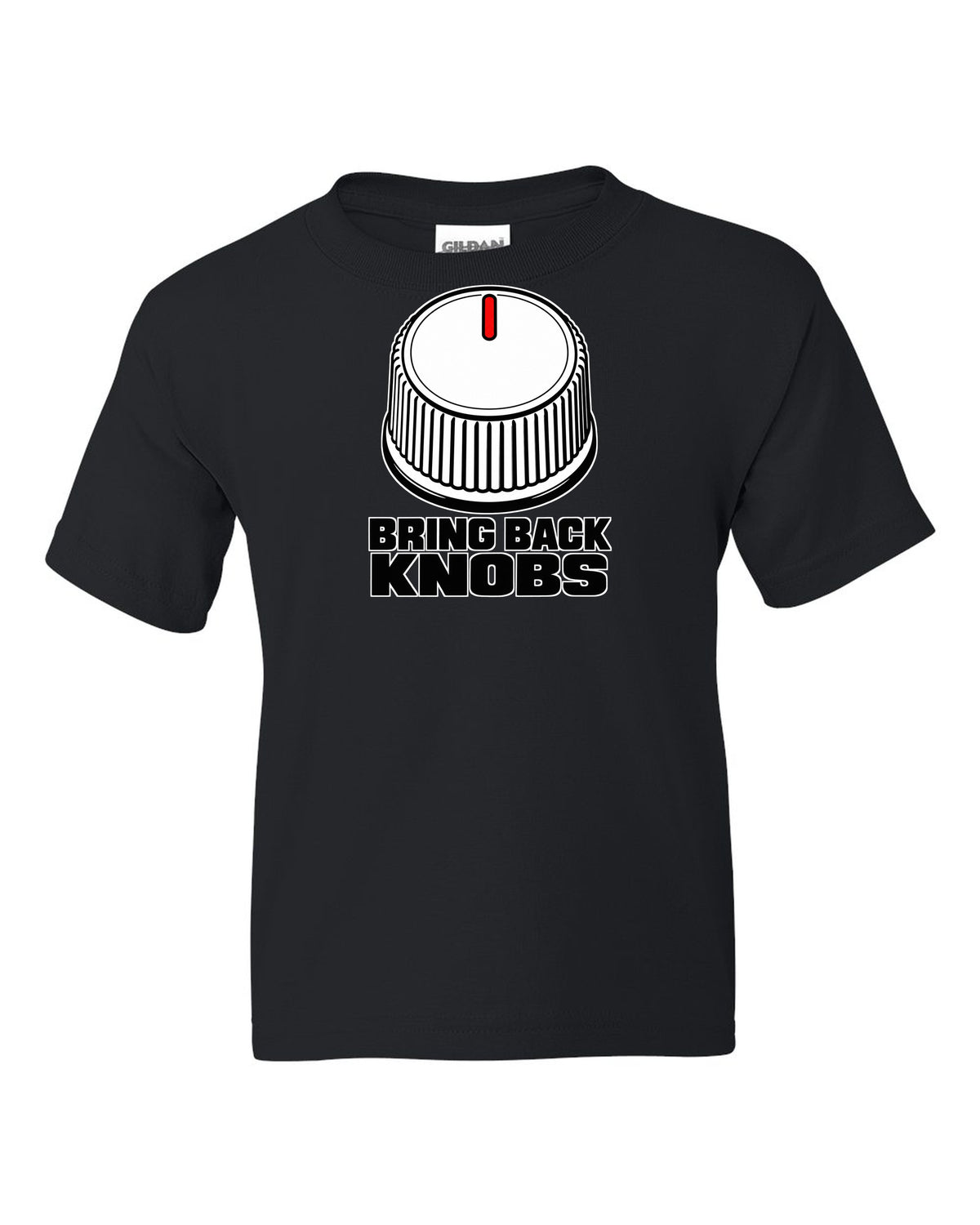 Ribbed volume knob with a single notch pointer black kids tee front view with the design