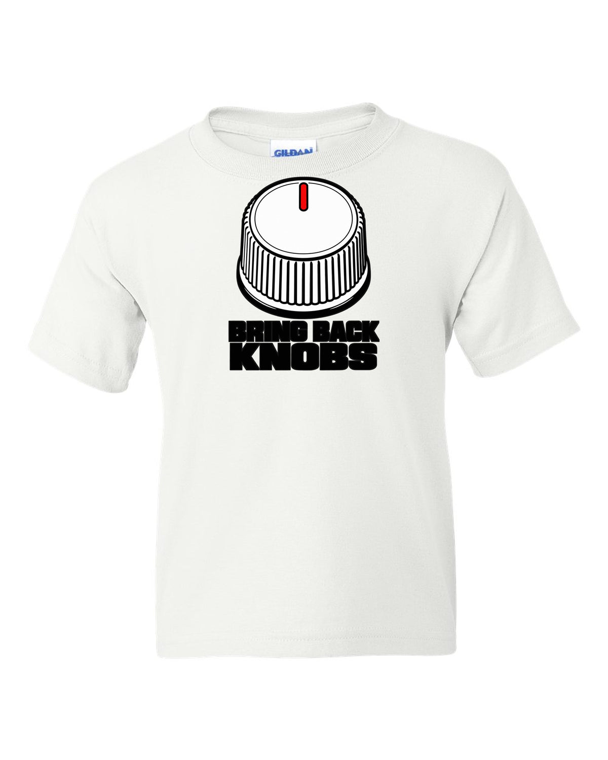 Ribbed volume knob with a single notch pointer white kids tee front view with the design
