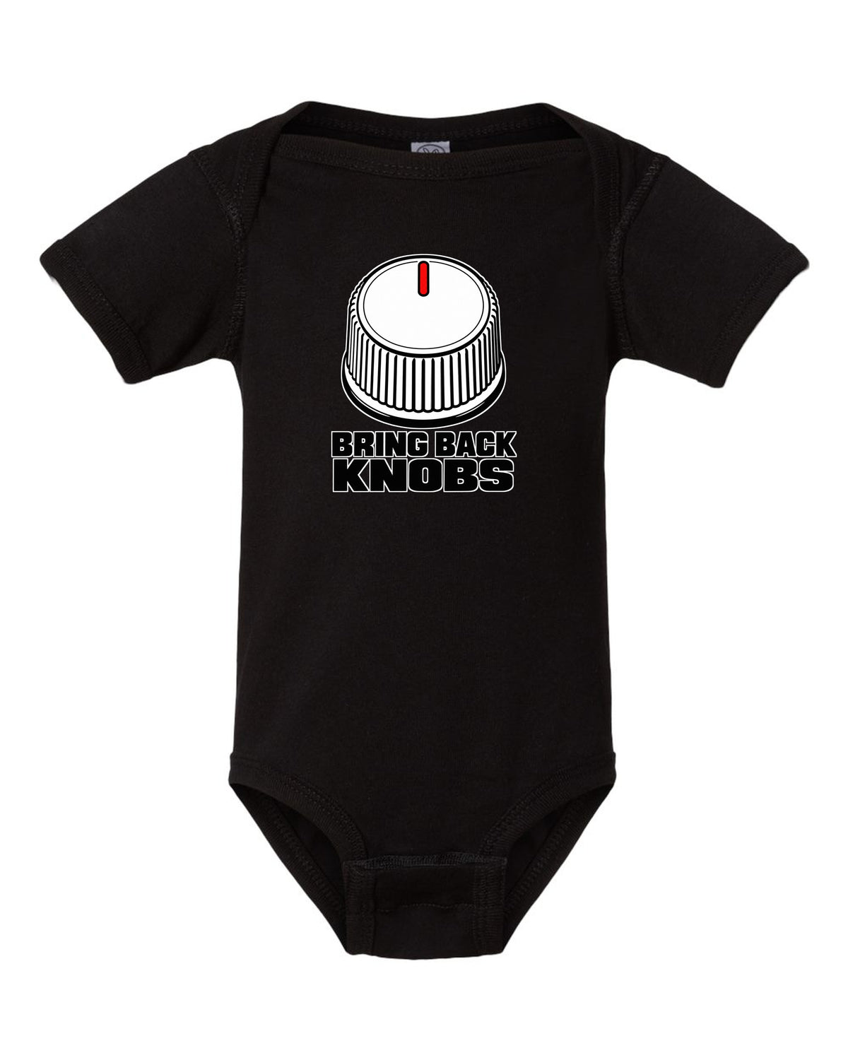 Bring Back Knobs Funny Car Guy Shirt for Gearheads black baby onesie front view with the design