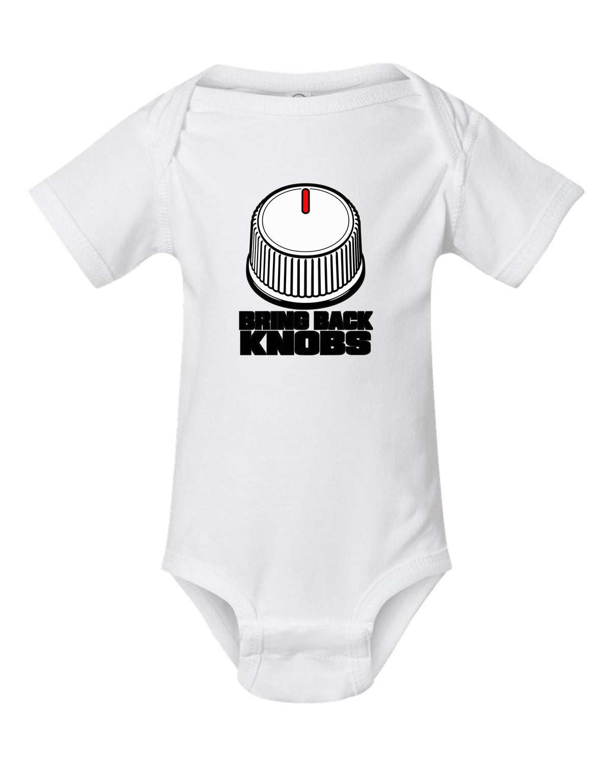 Bring Back Knobs Funny Car Guy Shirt for Gearheads white baby onesie front view with the design