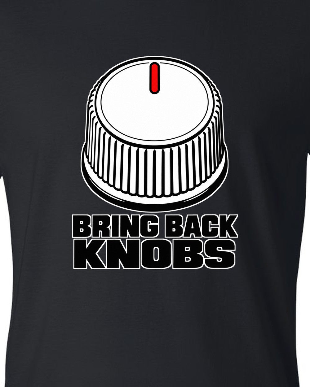 Ribbed volume knob with a single notch pointer black t-shirt close-up
