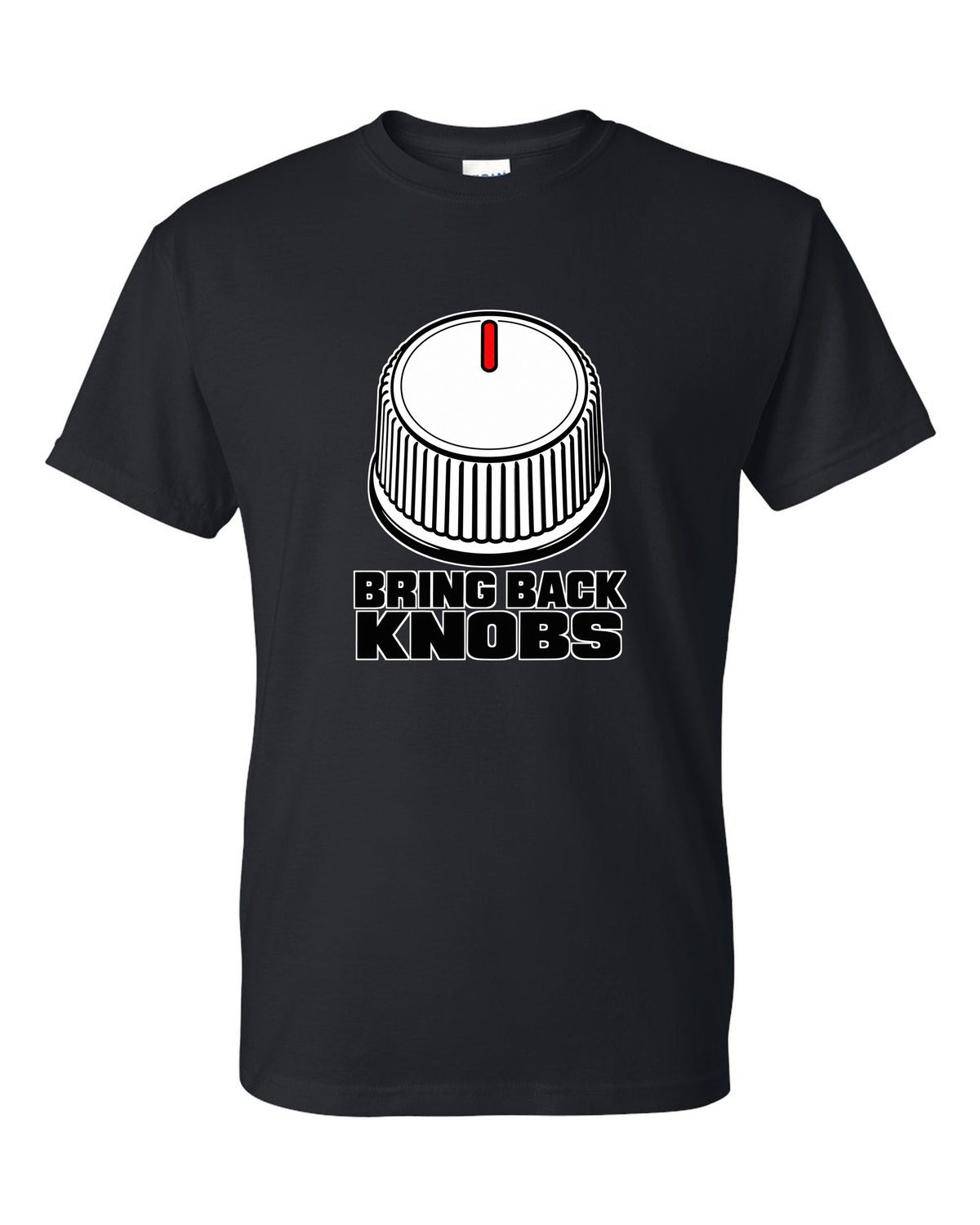Ribbed volume knob with a single notch pointer black t-shirt front view with the design