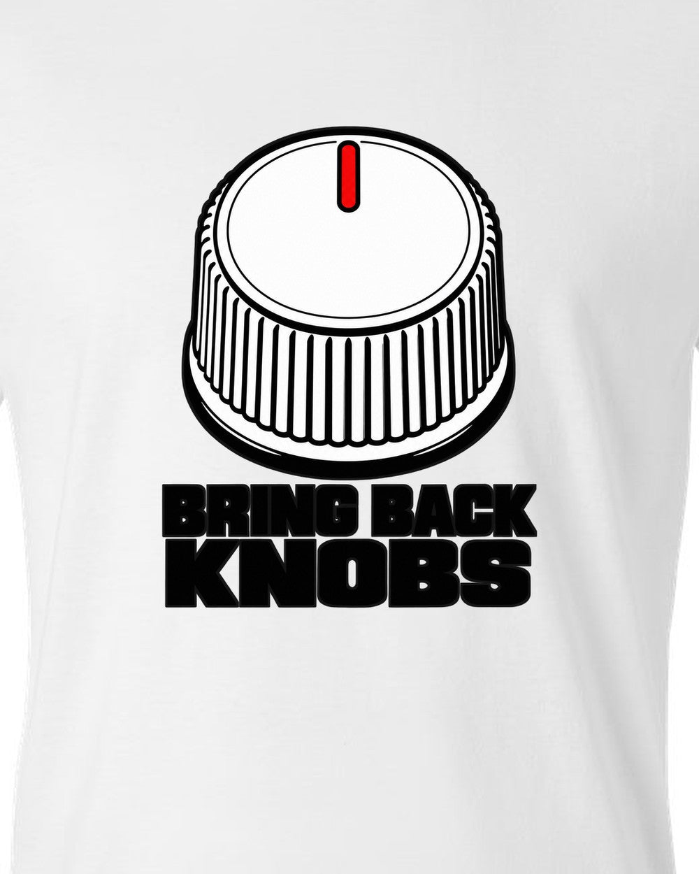 Ribbed volume knob with a single notch pointer white t-shirt close-up