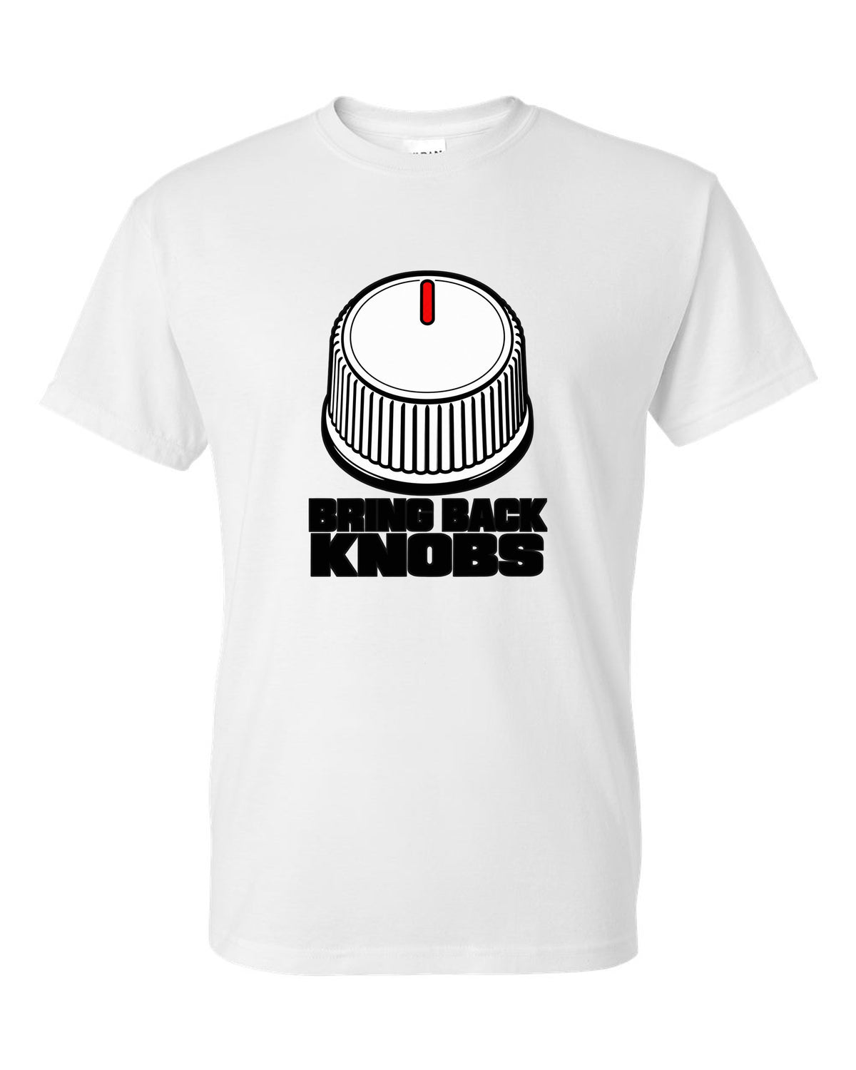 Ribbed volume knob with a single notch pointer white t-shirt front view with the design