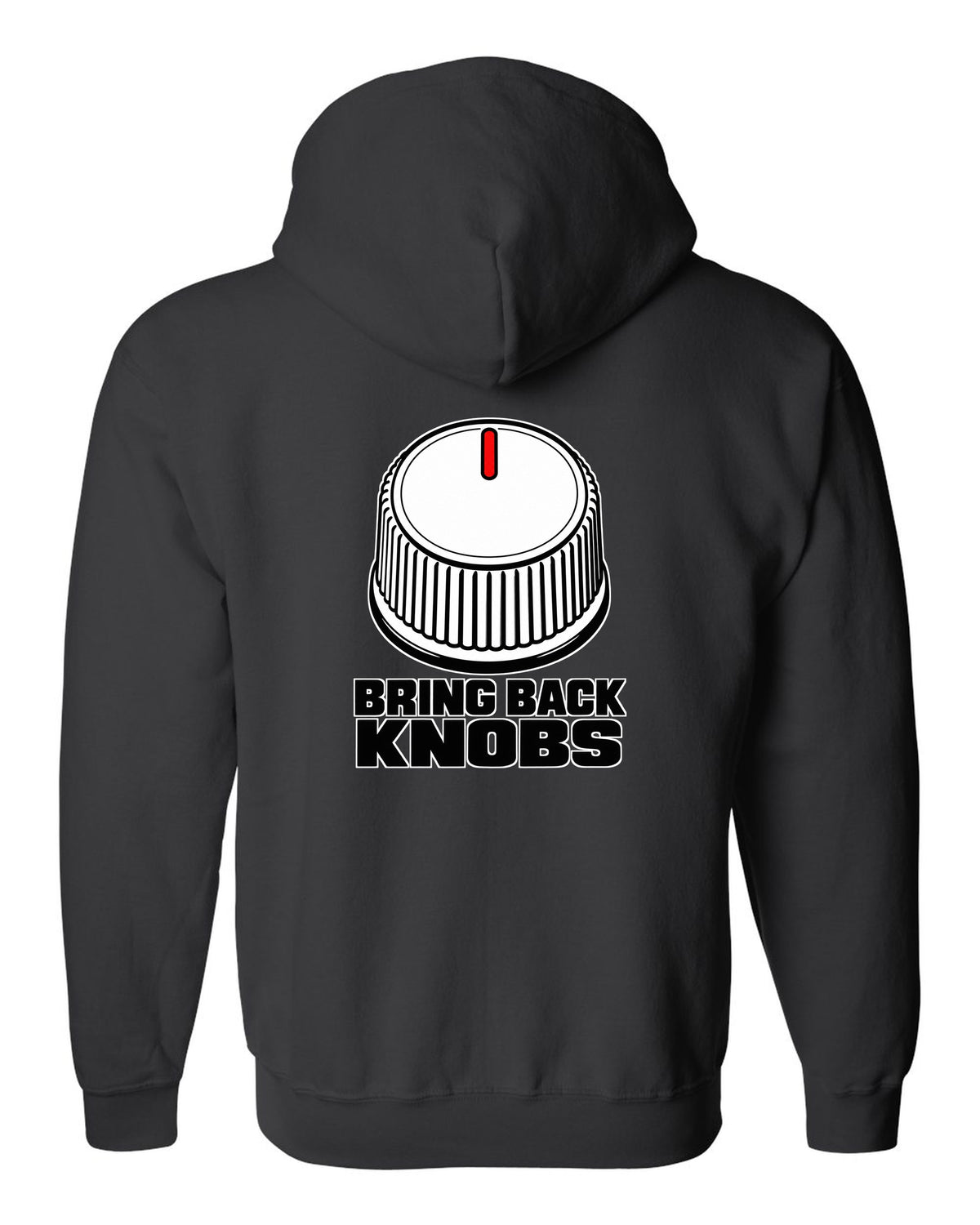 Ribbed volume knob with a single notch pointer black zip hoodie back view with the design