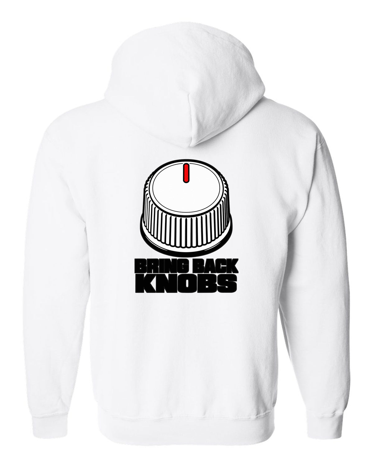 Ribbed volume knob with a single notch pointer white zip hoodie back view with the design