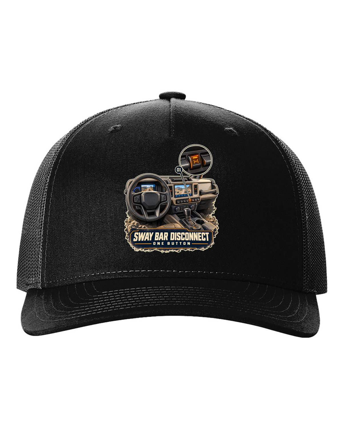 Ford Bronco Badlands dash with sway bar disconnect switch print black hat front view with the design