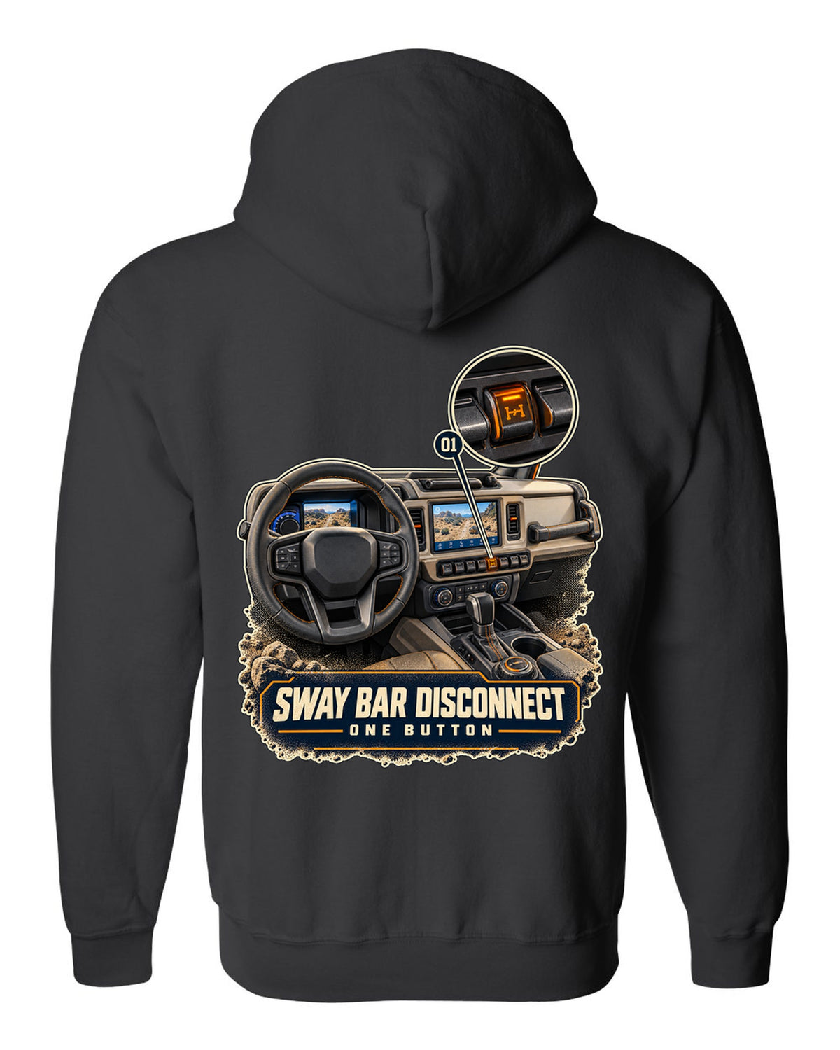 Ford Bronco Badlands dash with sway bar disconnect switch print black zip hoodie back view with the design