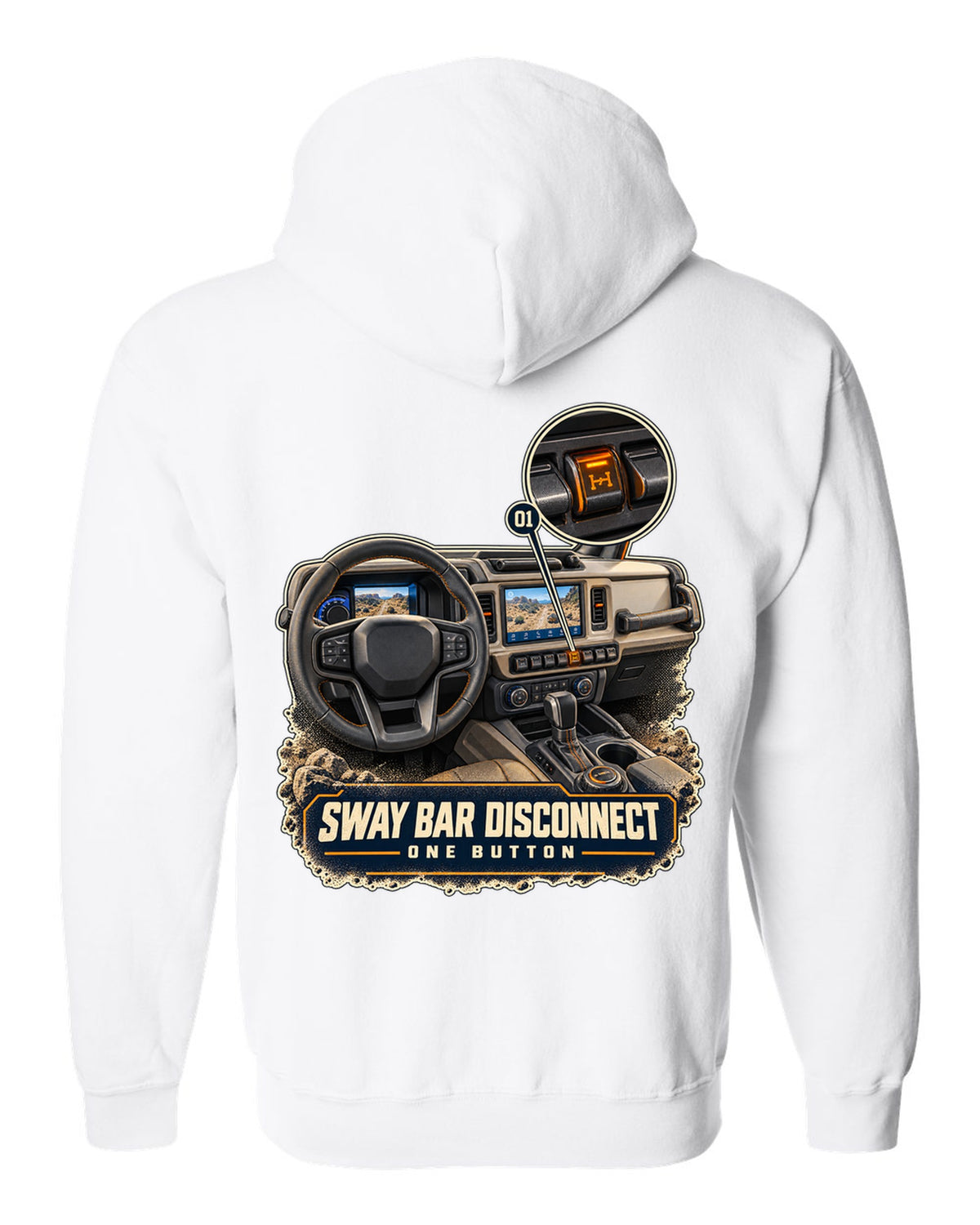 Ford Bronco Badlands dash with sway bar disconnect switch print white zip hoodie back view with the design