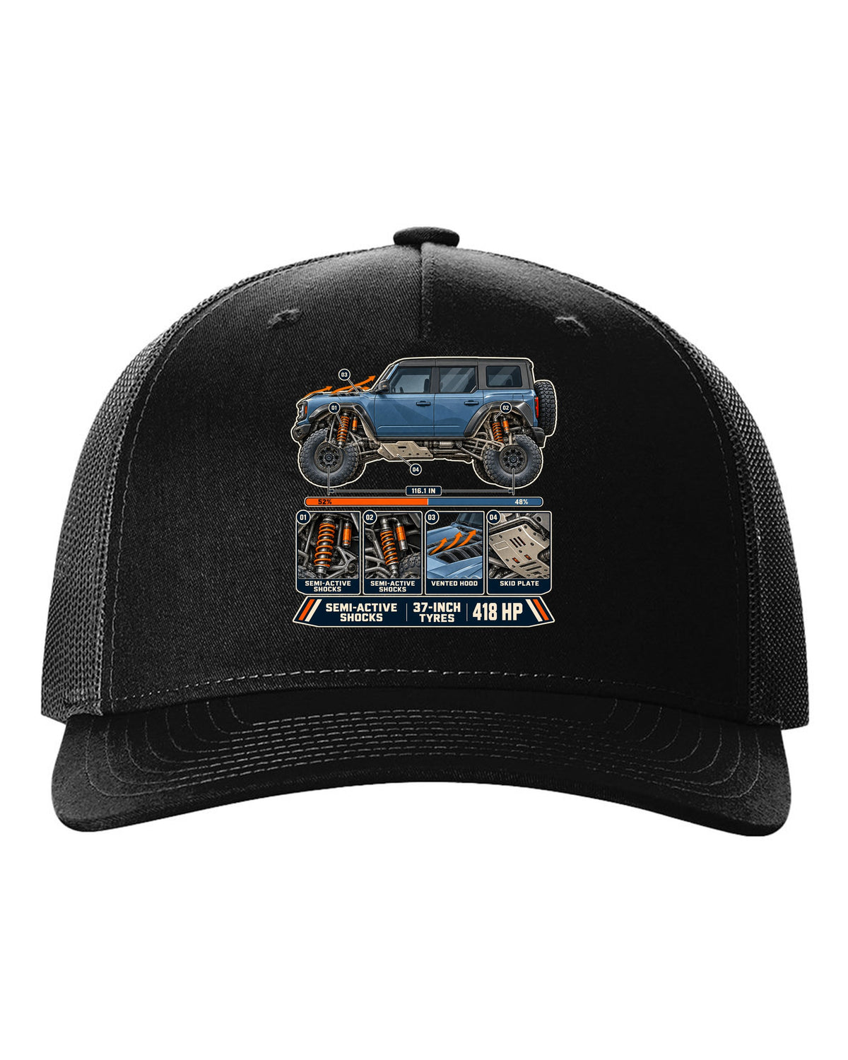 Ford Bronco Raptor suspension cutaway with callouts print black hat front view with the design