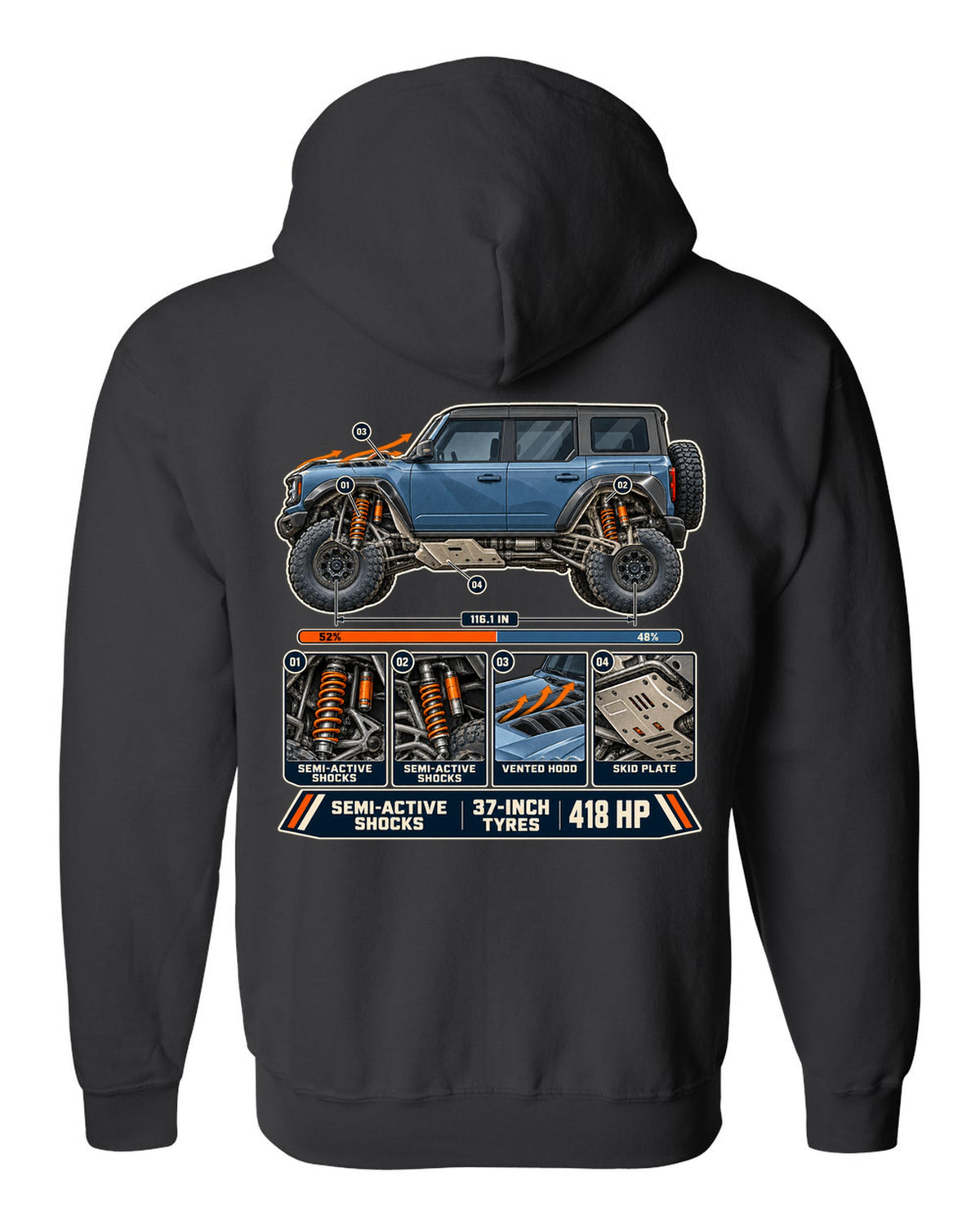 Ford Bronco Raptor suspension cutaway with callouts print black zip hoodie back view with the design