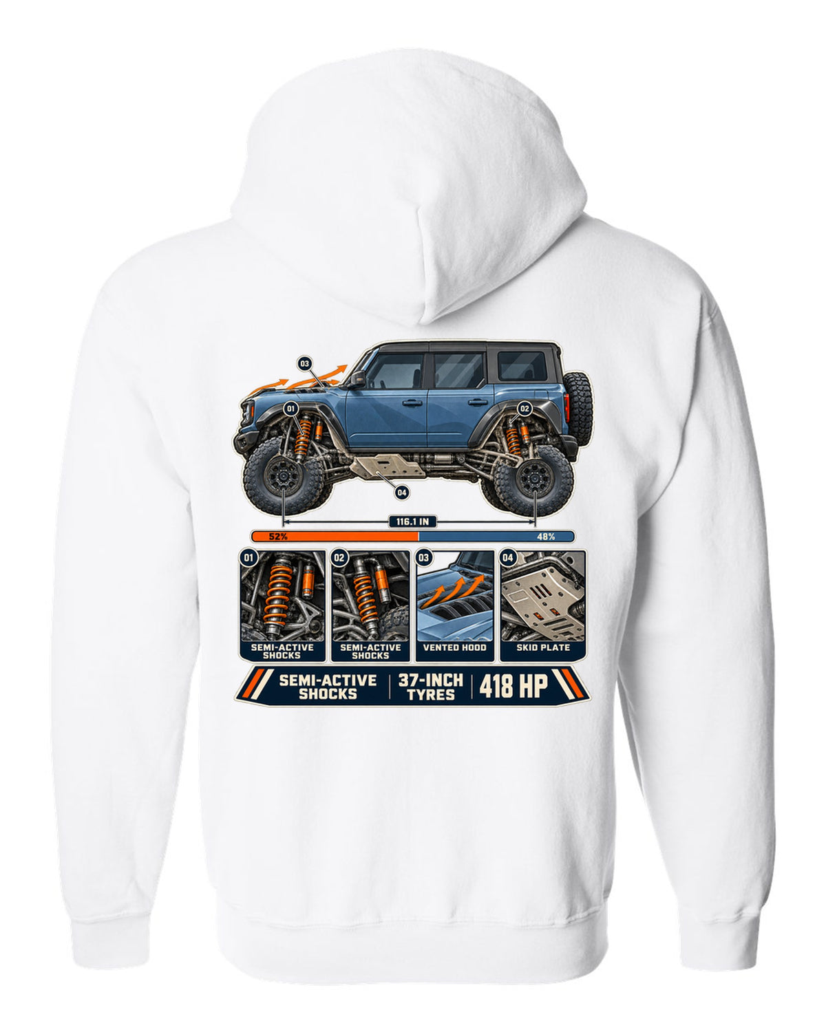 Ford Bronco Raptor suspension cutaway with callouts print white zip hoodie back view with the design