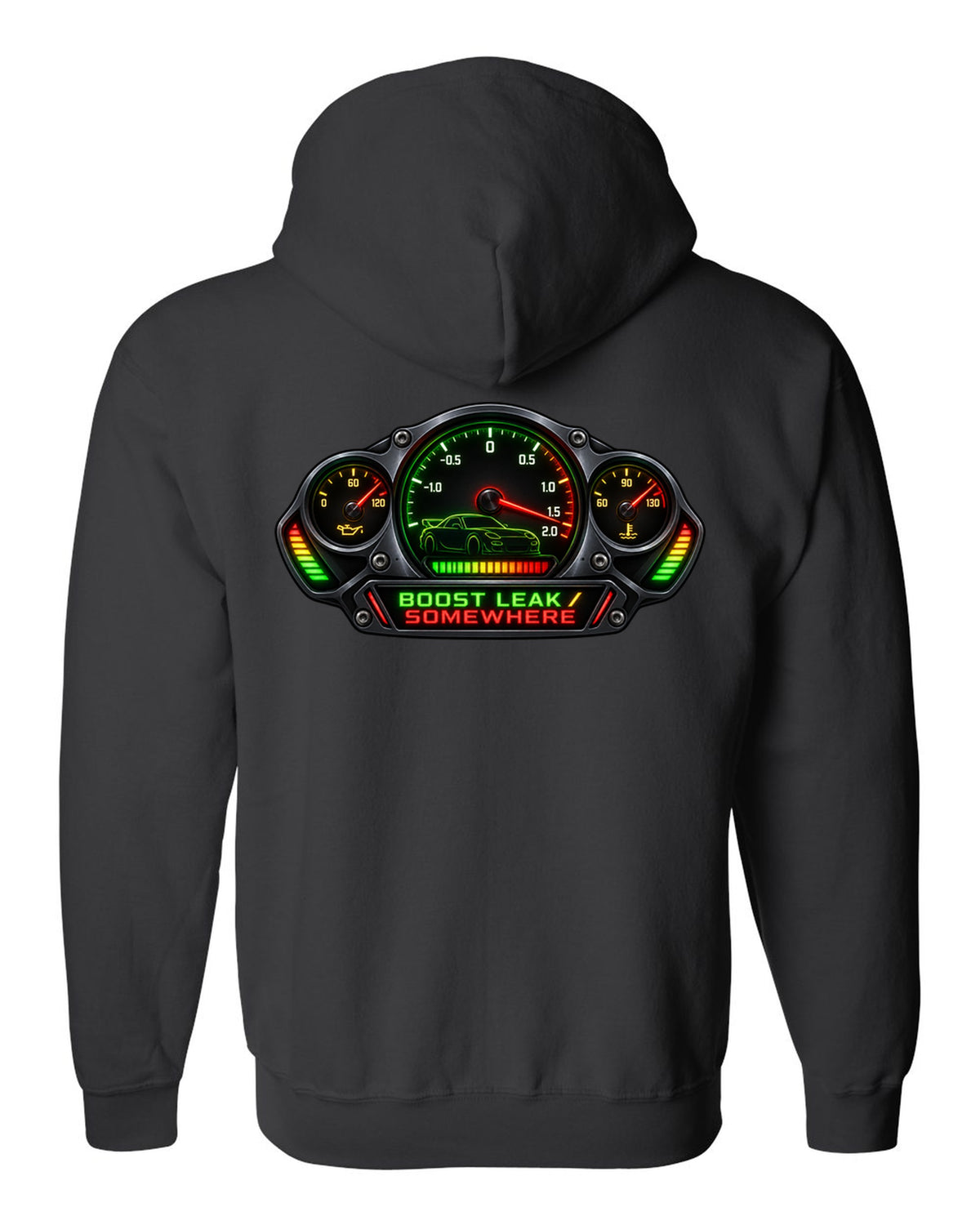 Sticker-bomb collage print of a Mazda RX-7 FD3S with text 5-Lug, 17 Inch, Bronze black zip hoodie back view with the design