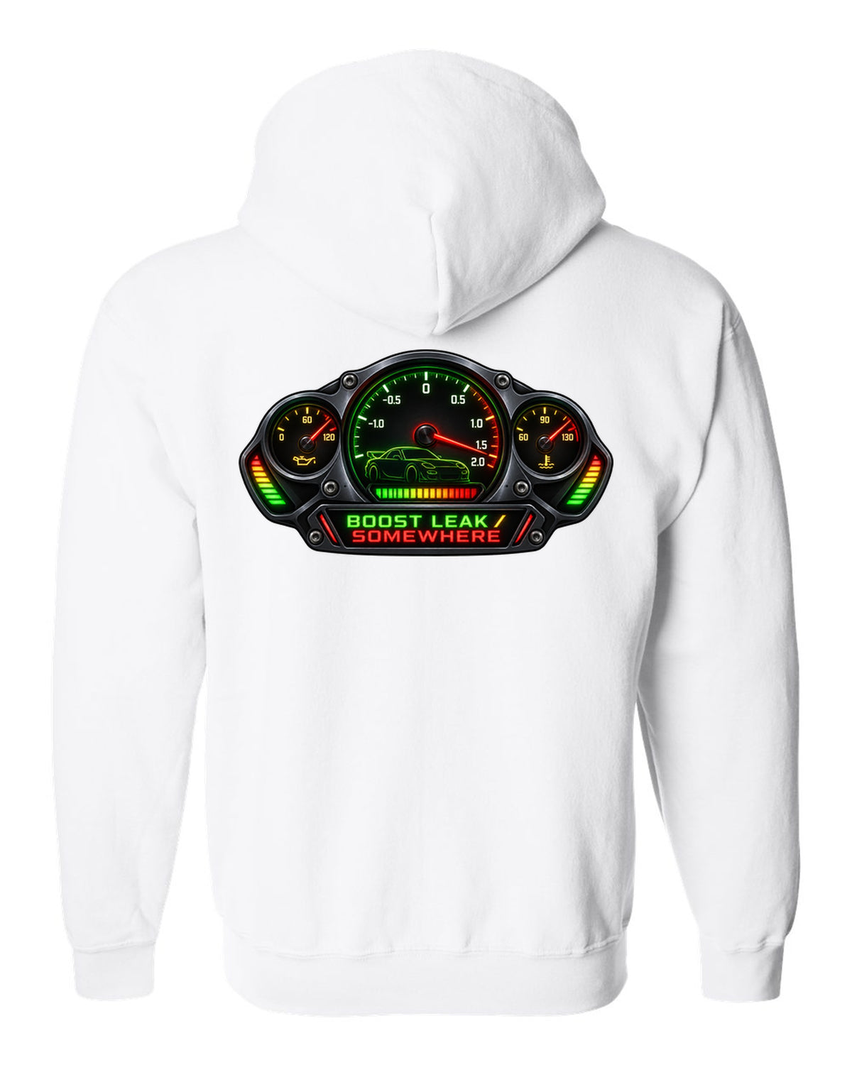 Sticker-bomb collage print of a Mazda RX-7 FD3S with text 5-Lug, 17 Inch, Bronze white zip hoodie back view with the design