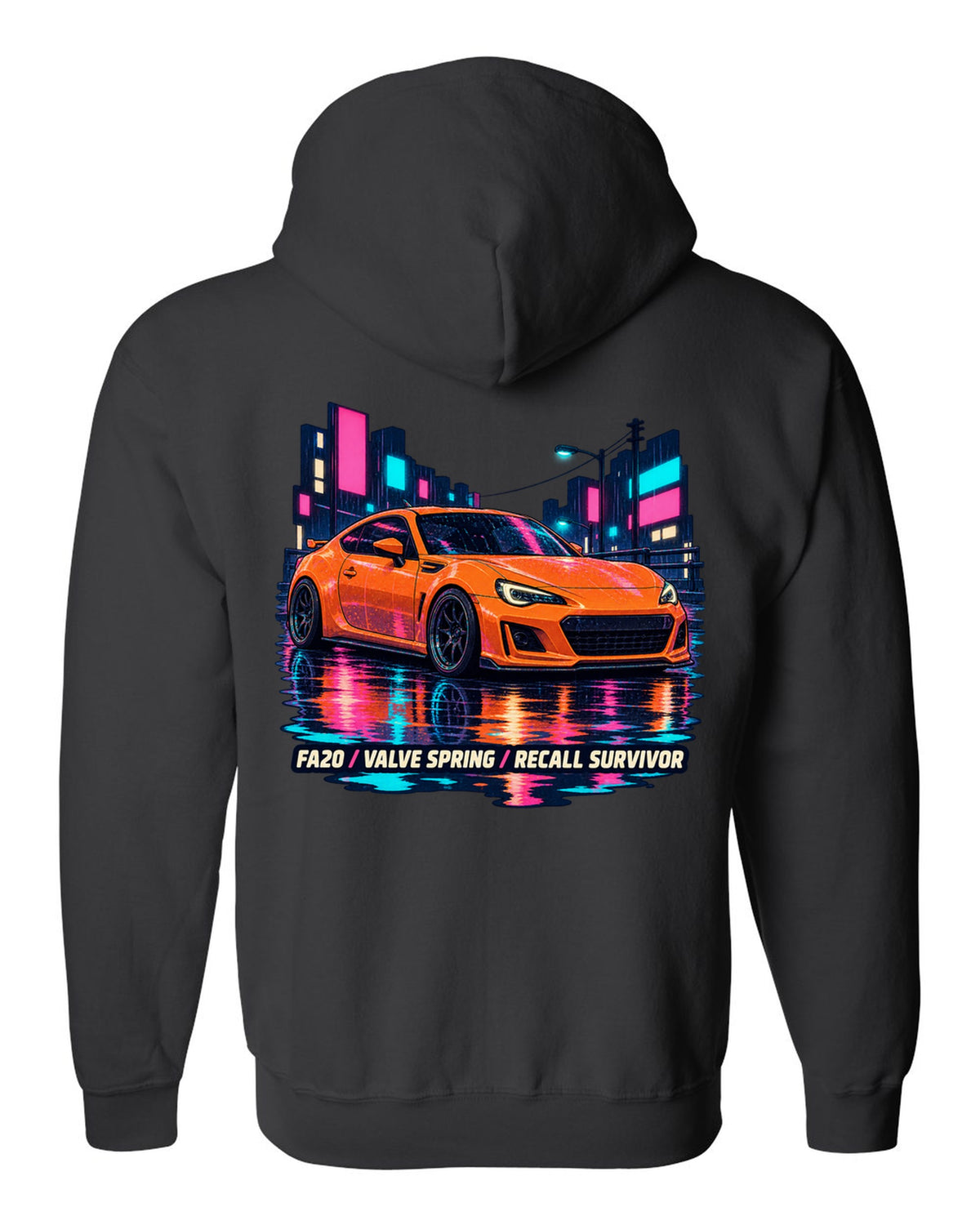 Subaru BRZ ZC6 in a rainy lo-fi anime night scene, FA20 / VALVE SPRING / RECALL SURVIVOR black zip hoodie back view with the design