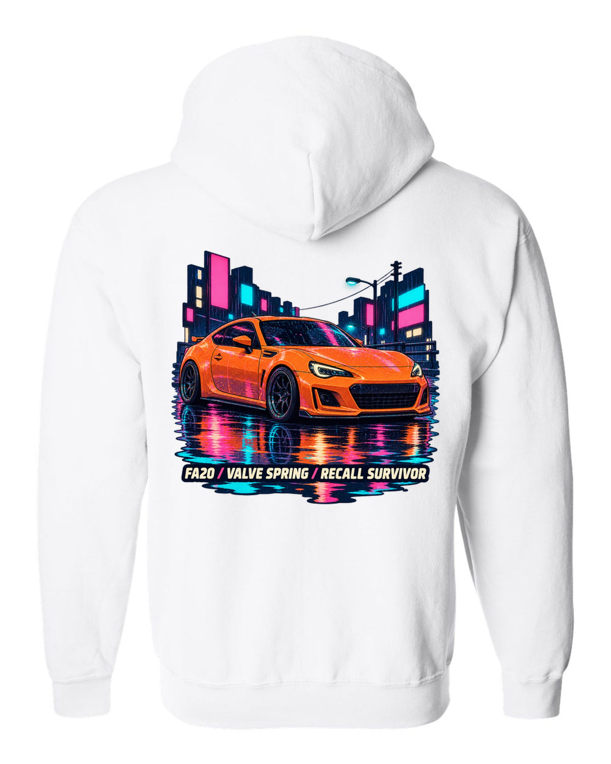 Subaru BRZ ZC6 in a rainy lo-fi anime night scene, FA20 / VALVE SPRING / RECALL SURVIVOR white zip hoodie back view with the design