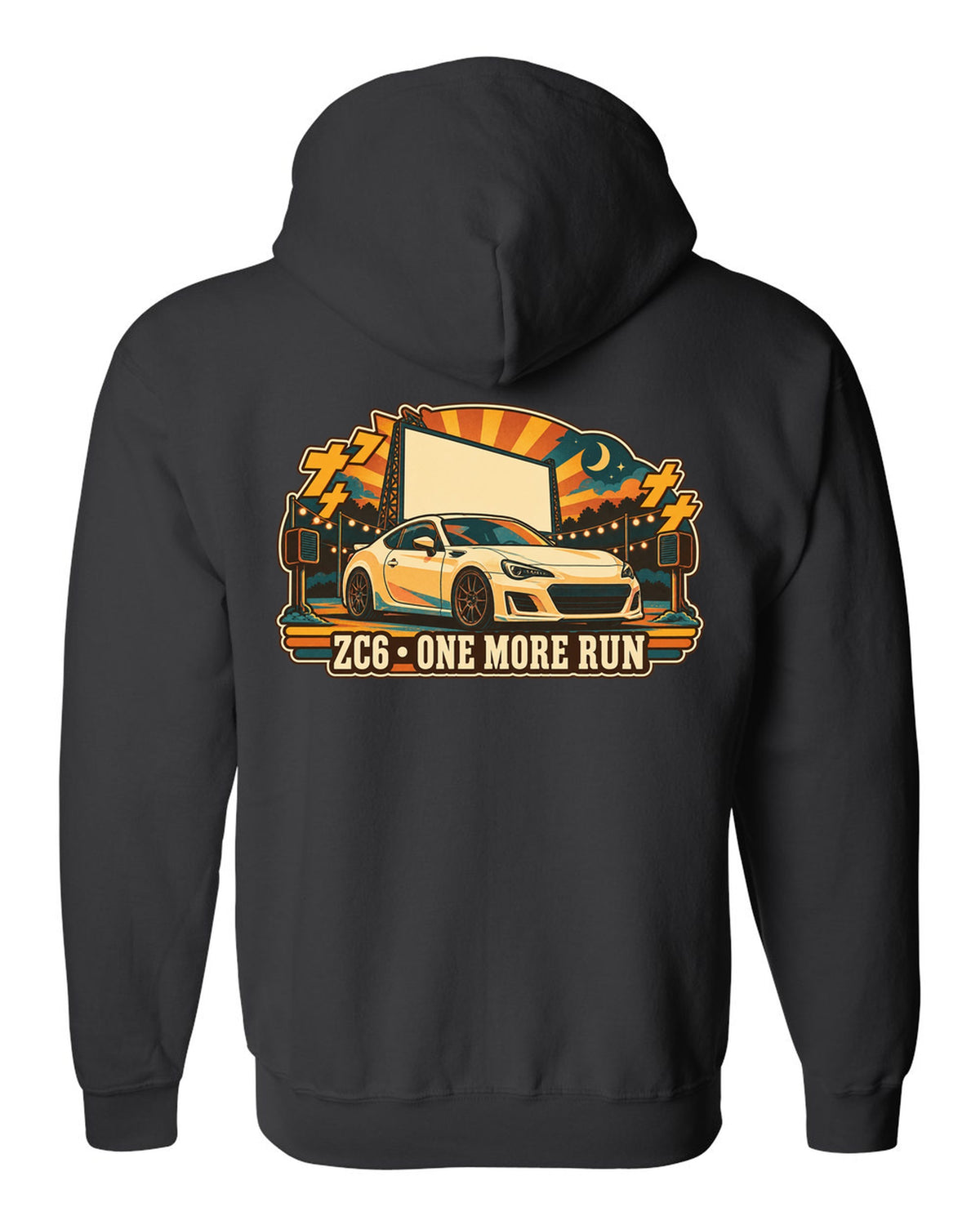 Subaru BRZ ZC6 in a retro Japanese showa catalogue ad style, ZC6 / ONE MORE RUN black zip hoodie back view with the design