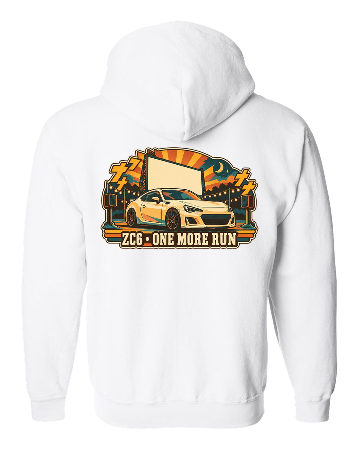 Subaru BRZ ZC6 in a retro Japanese showa catalogue ad style, ZC6 / ONE MORE RUN white zip hoodie back view with the design