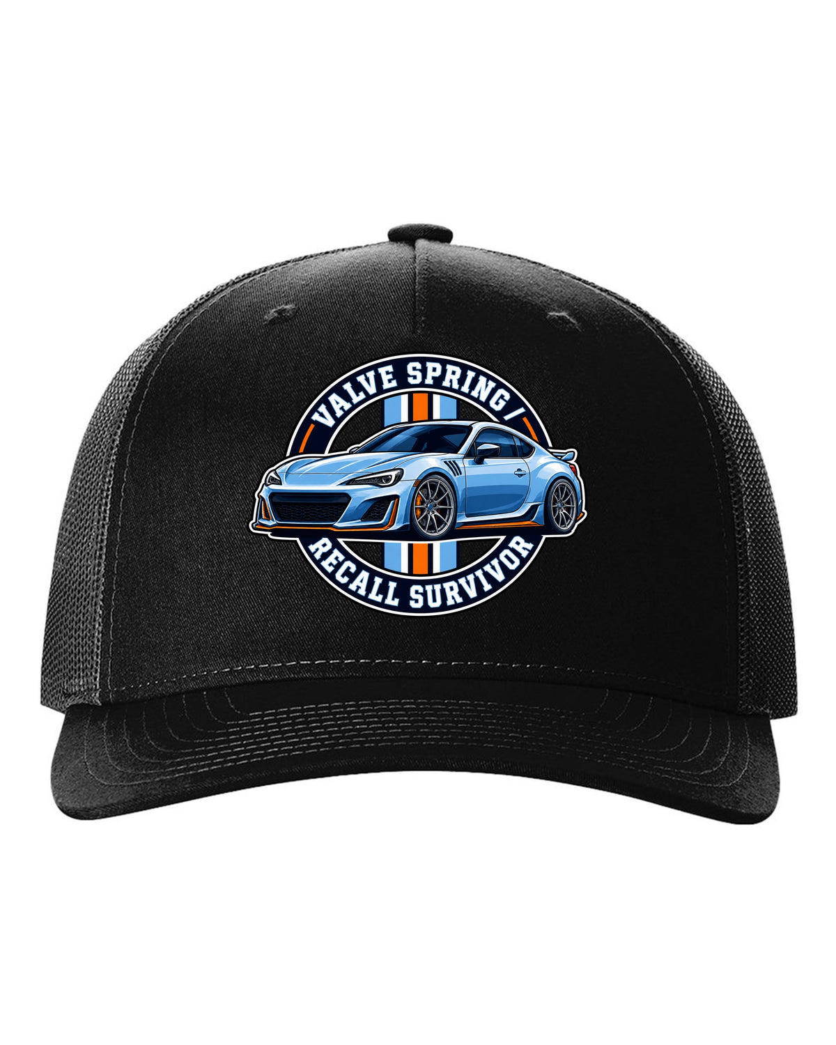 Round varsity crest design for a Subaru BRZ ZC6 reading valve spring recall survivor black hat front view with the design