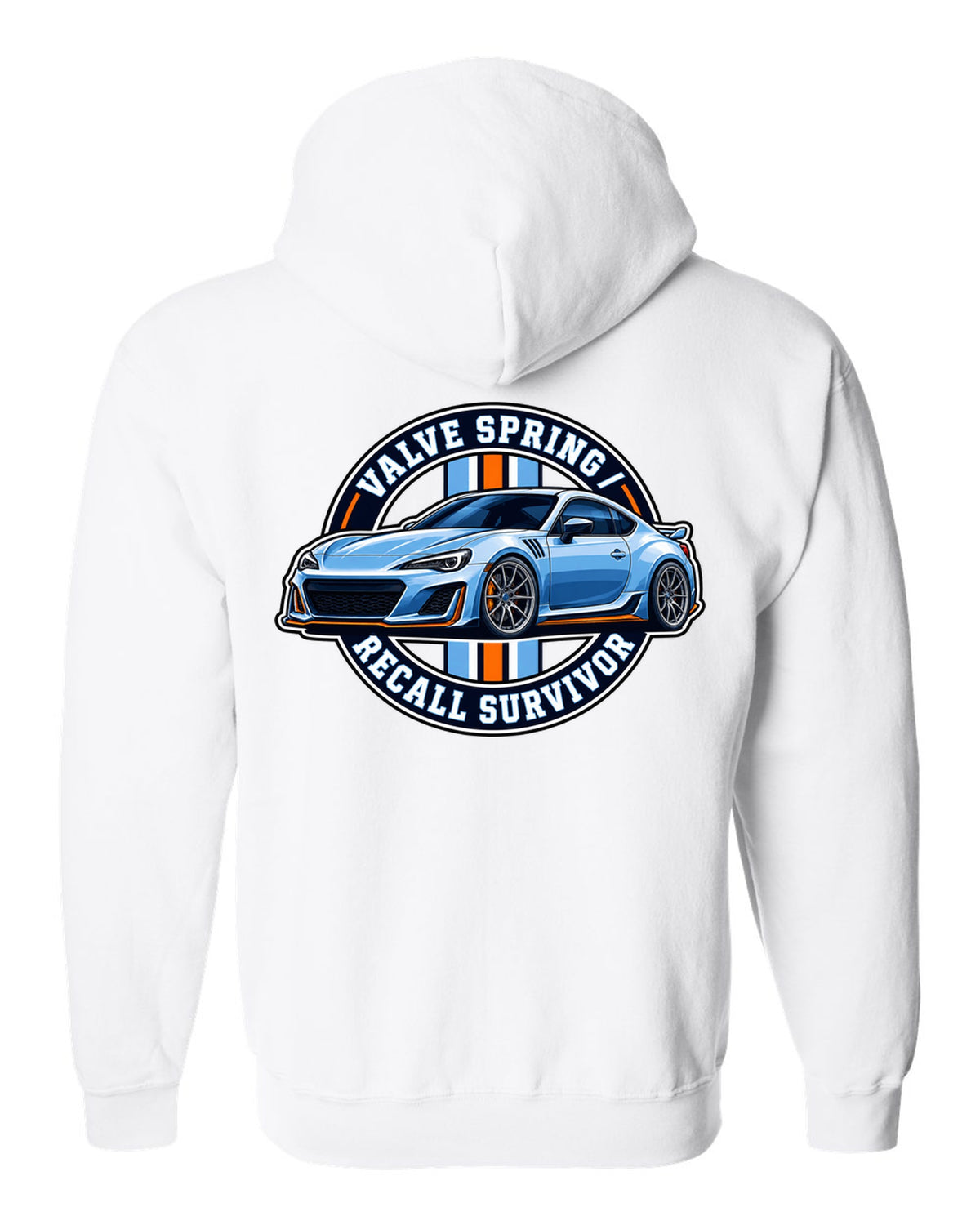 Round varsity crest design for a Subaru BRZ ZC6 reading valve spring recall survivor white zip hoodie back view with the design
