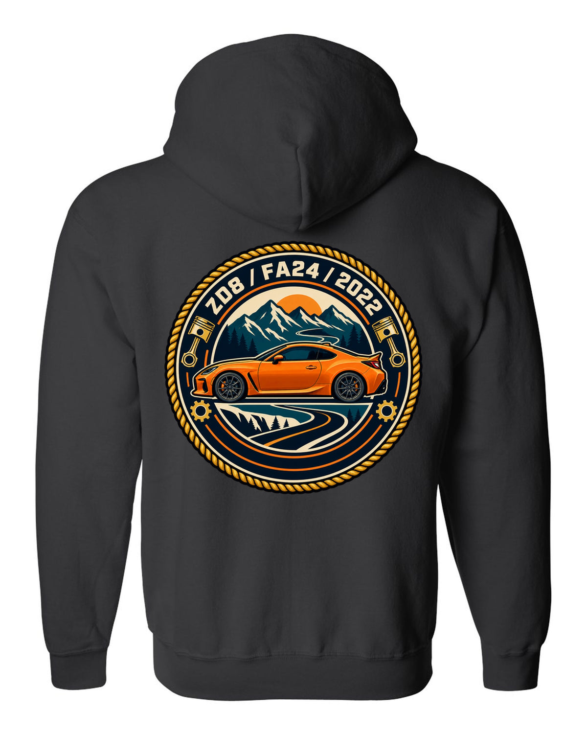 Subaru BRZ ZC6 tS in pastel vaporwave style, ZC6 / FA20 black zip hoodie back view with the design