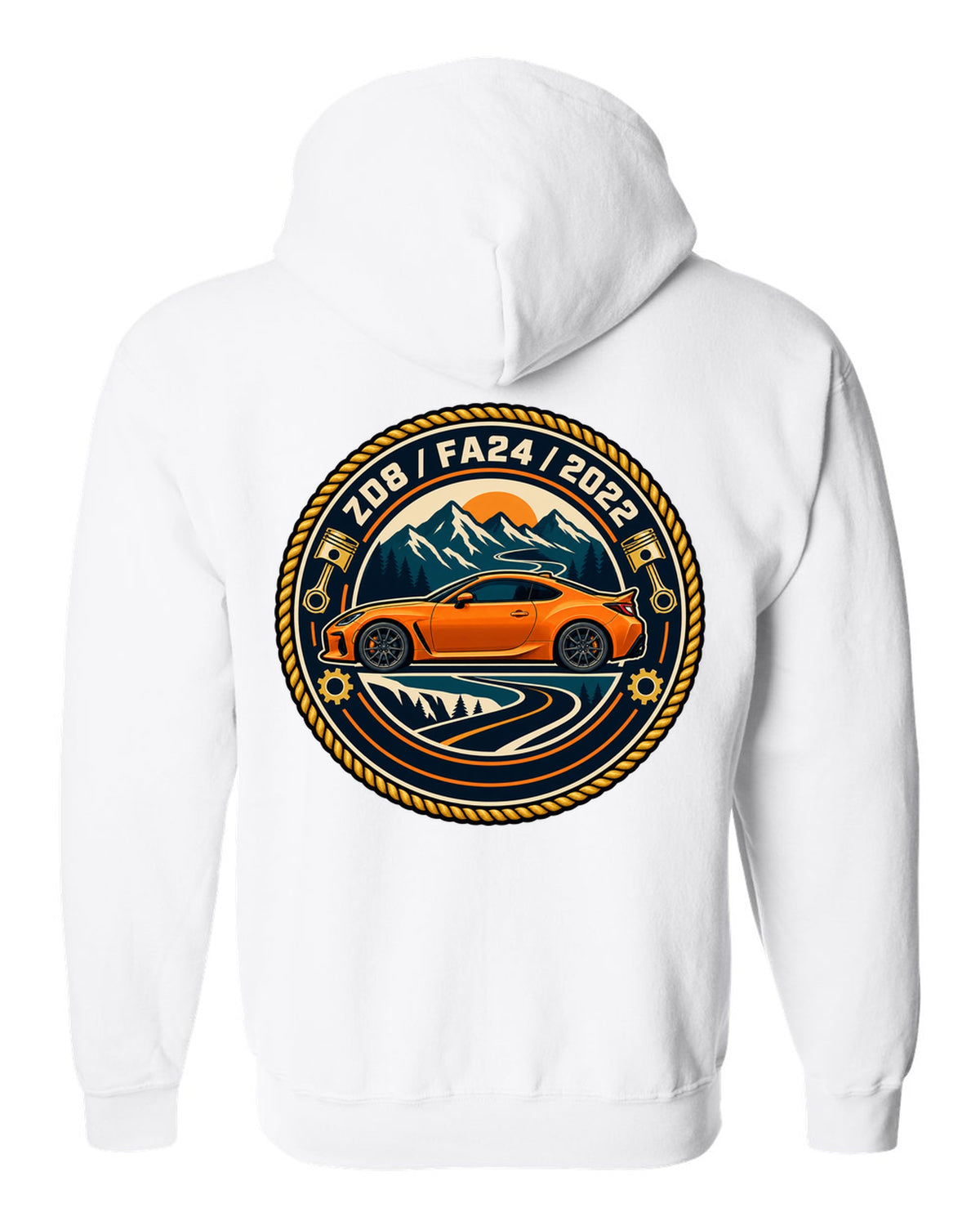 Subaru BRZ ZC6 tS in pastel vaporwave style, ZC6 / FA20 white zip hoodie back view with the design