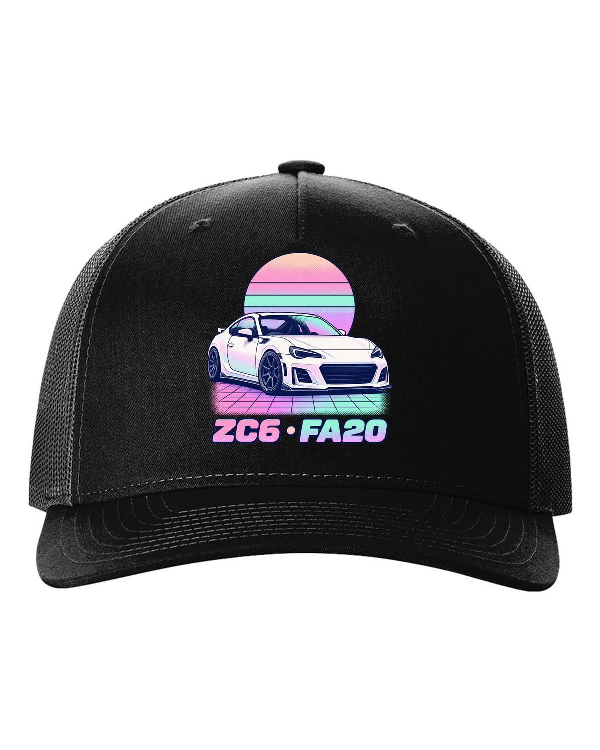 Subaru BRZ ZD8 round varsity crest print, ZD8 / FA24 / 2022 black hat front view with the design