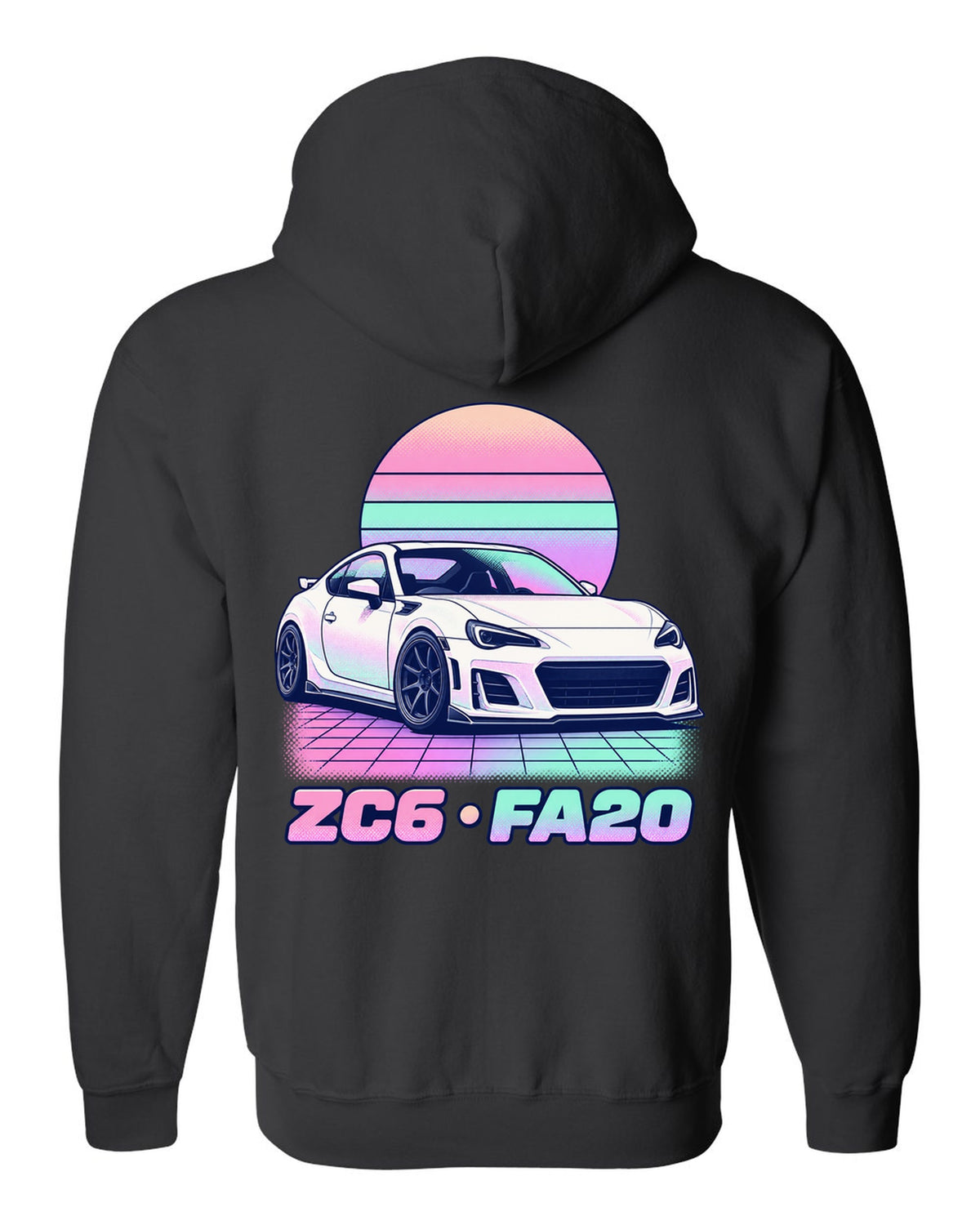 Subaru BRZ ZD8 round varsity crest print, ZD8 / FA24 / 2022 black zip hoodie back view with the design