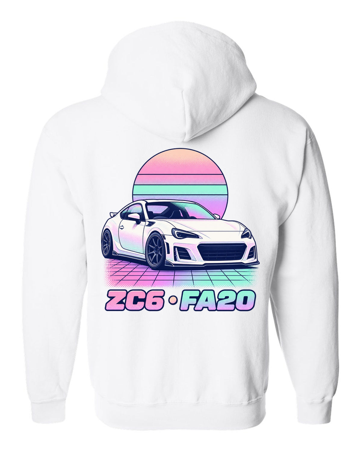 Subaru BRZ ZD8 round varsity crest print, ZD8 / FA24 / 2022 white zip hoodie back view with the design