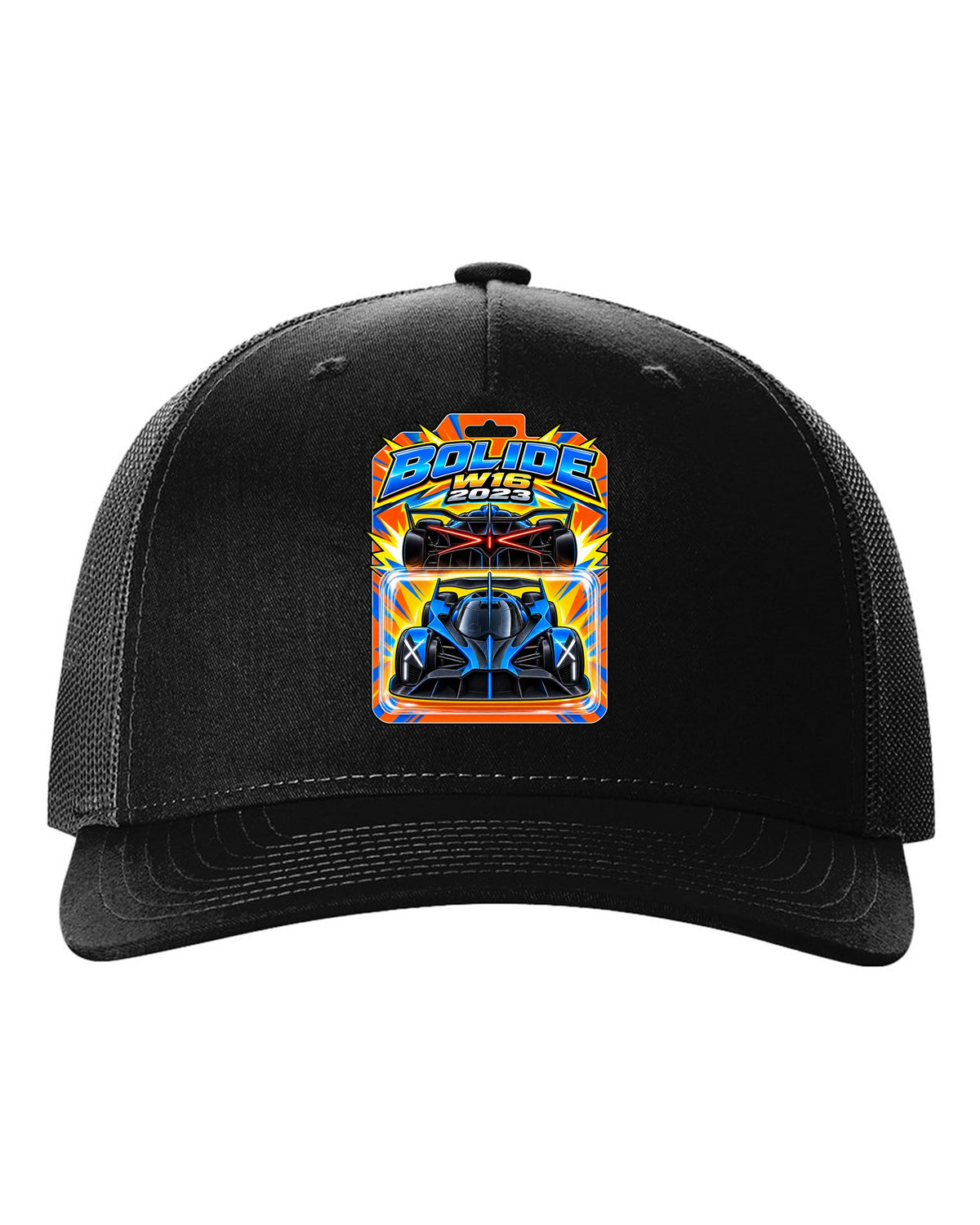 Hot Wheels-style toy blister card illustration of the Bugatti Bolide with BOLIDE W16 2023 lettering black hat front view with the design