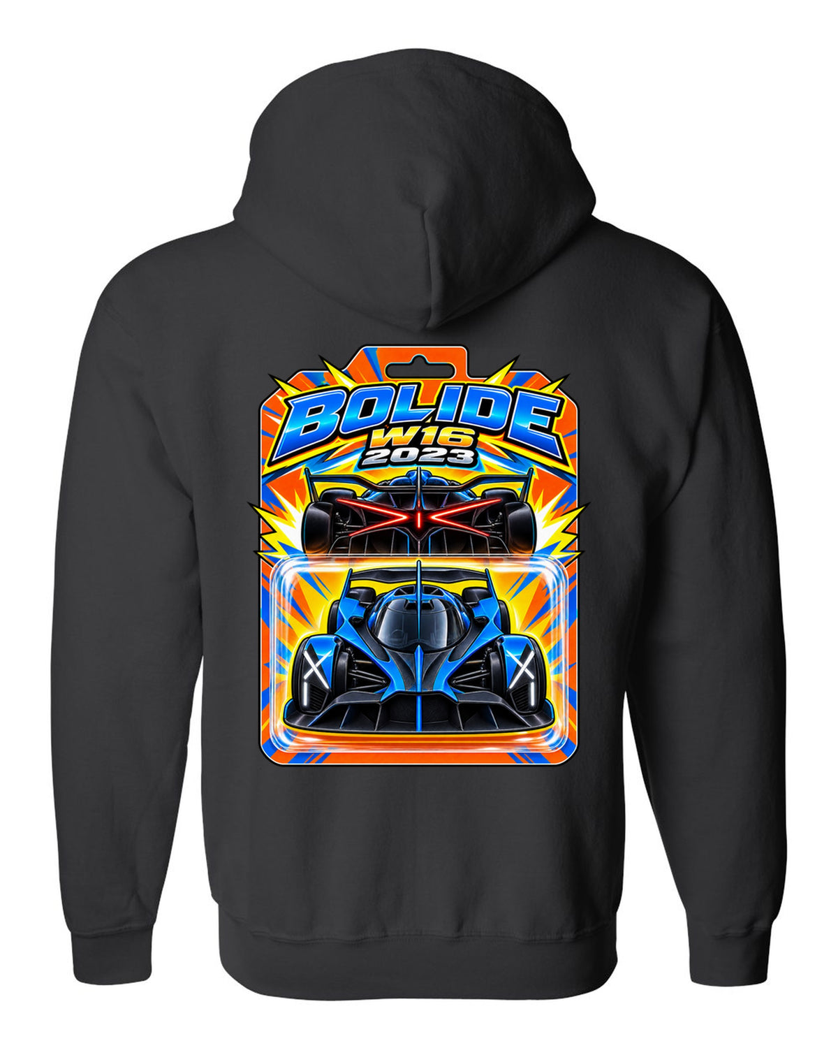 Hot Wheels-style toy blister card illustration of the Bugatti Bolide with BOLIDE W16 2023 lettering black zip hoodie back view with the design