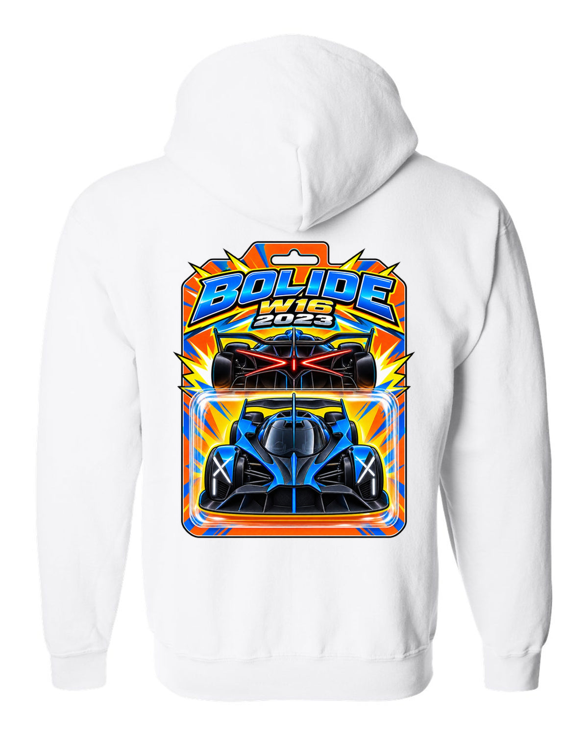 Hot Wheels-style toy blister card illustration of the Bugatti Bolide with BOLIDE W16 2023 lettering white zip hoodie back view with the design