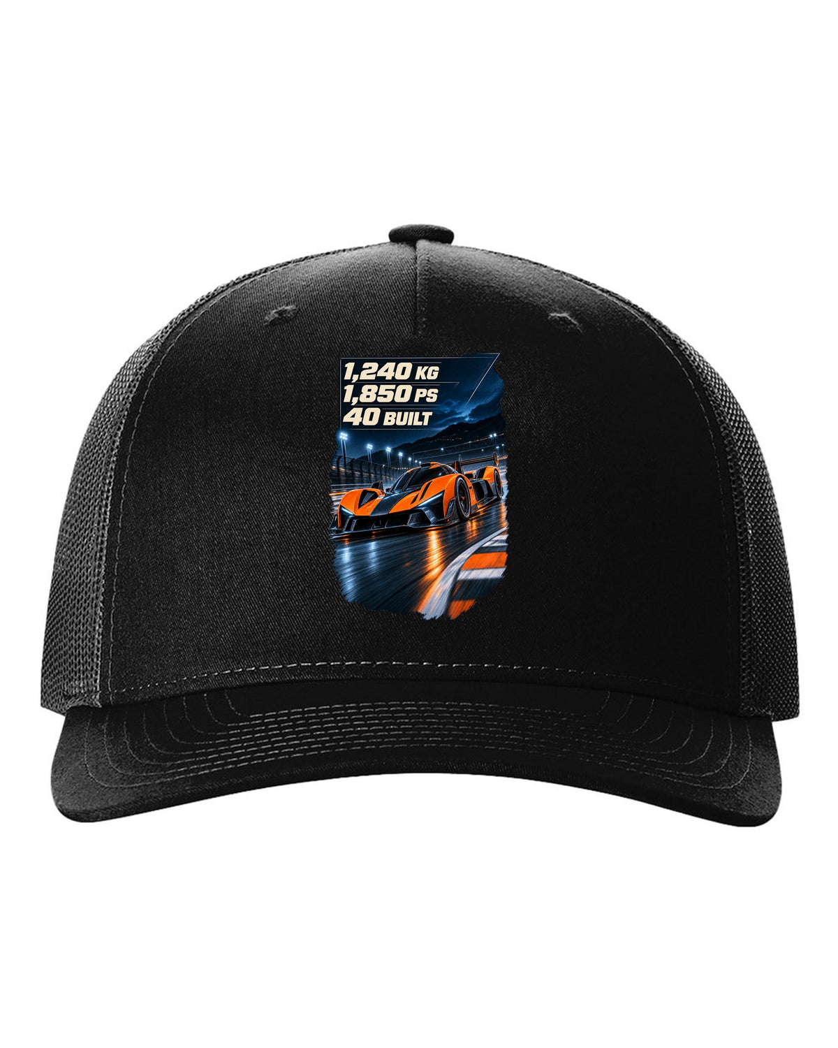 Bugatti Bolide track car at night print with weight and power figures black hat front view with the design