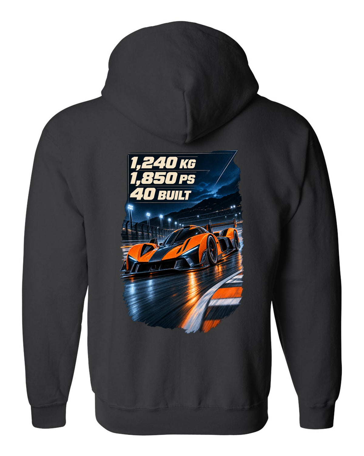 Bugatti Bolide track car at night print with weight and power figures black zip hoodie back view with the design