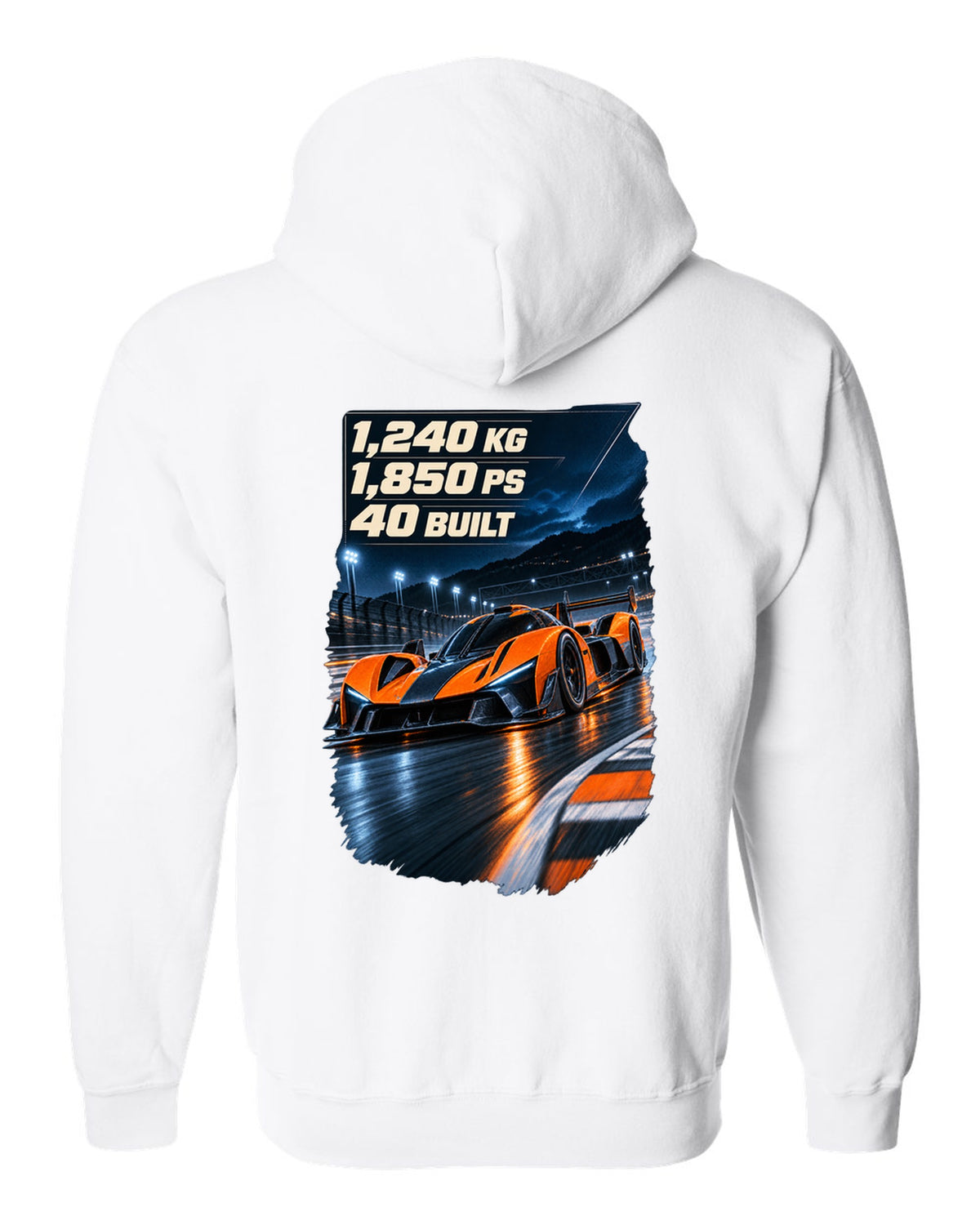 Bugatti Bolide track car at night print with weight and power figures white zip hoodie back view with the design